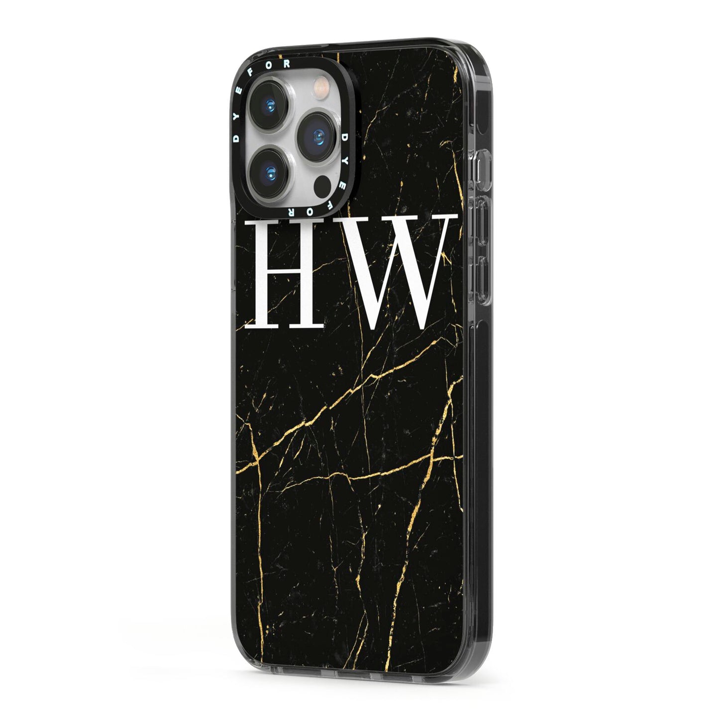 Black Gold Marble Effect Initials Personalised iPhone 13 Pro Max Black Impact Case Side Angle on Silver phone
