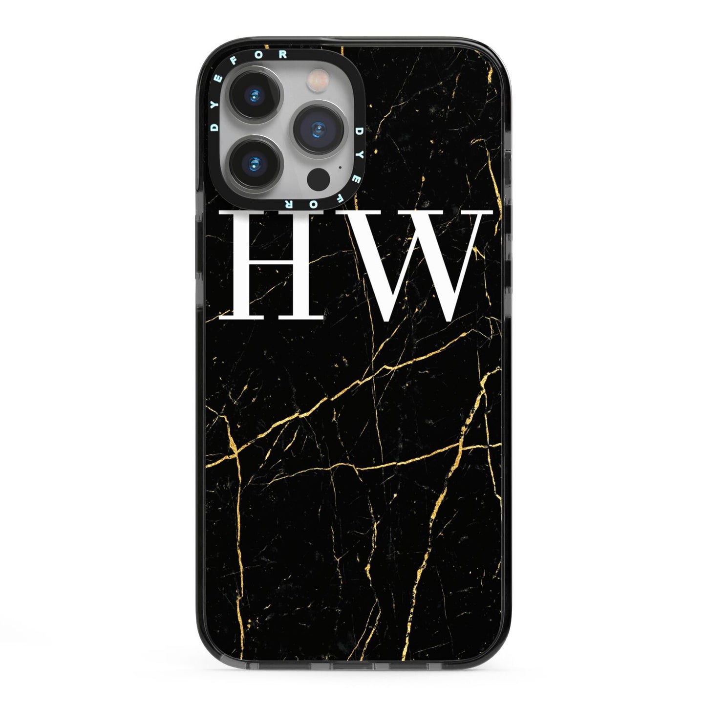 Black Gold Marble Effect Initials Personalised iPhone 13 Pro Max Black Impact Case on Silver phone