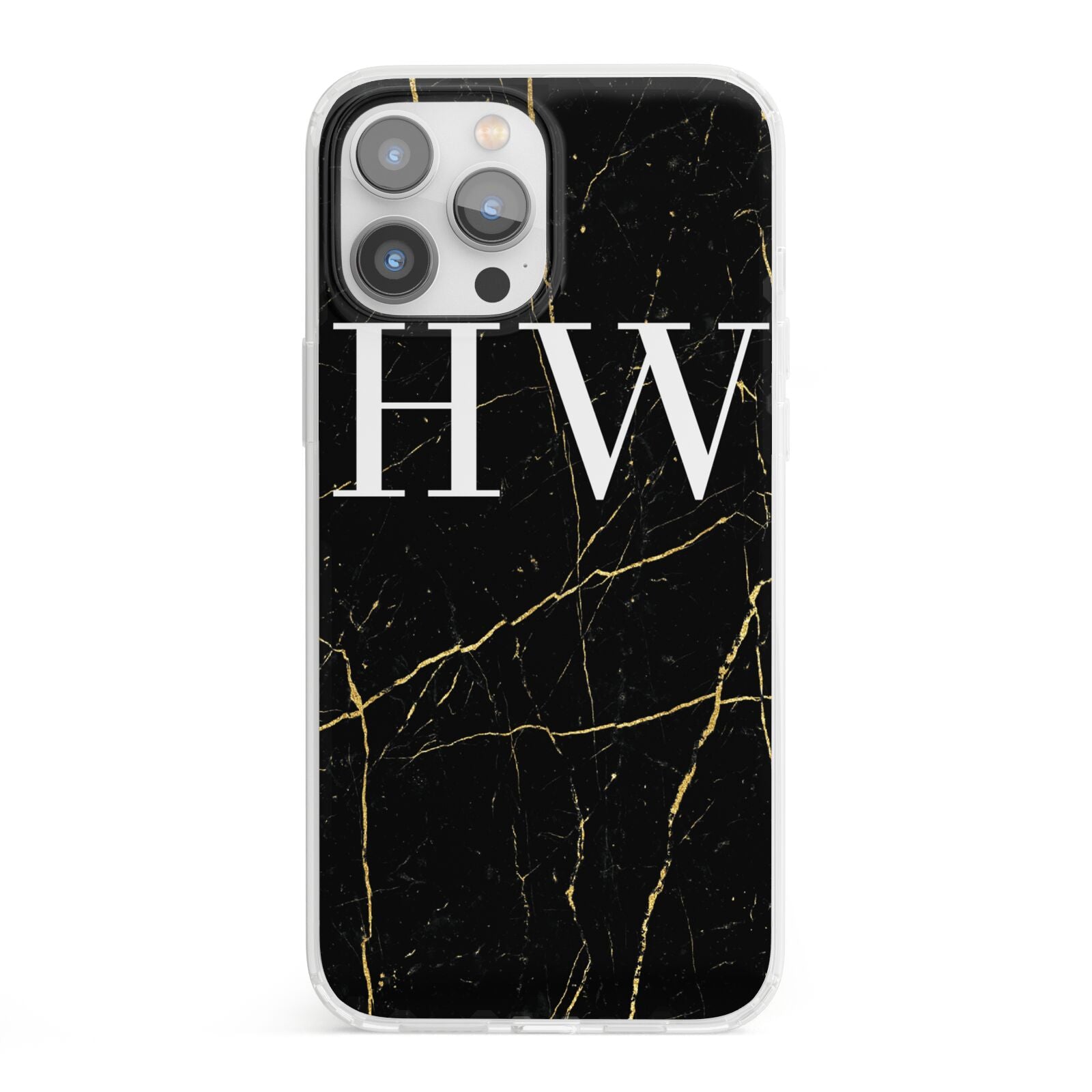 Black Gold Marble Effect Initials Personalised iPhone 13 Pro Max Clear Bumper Case