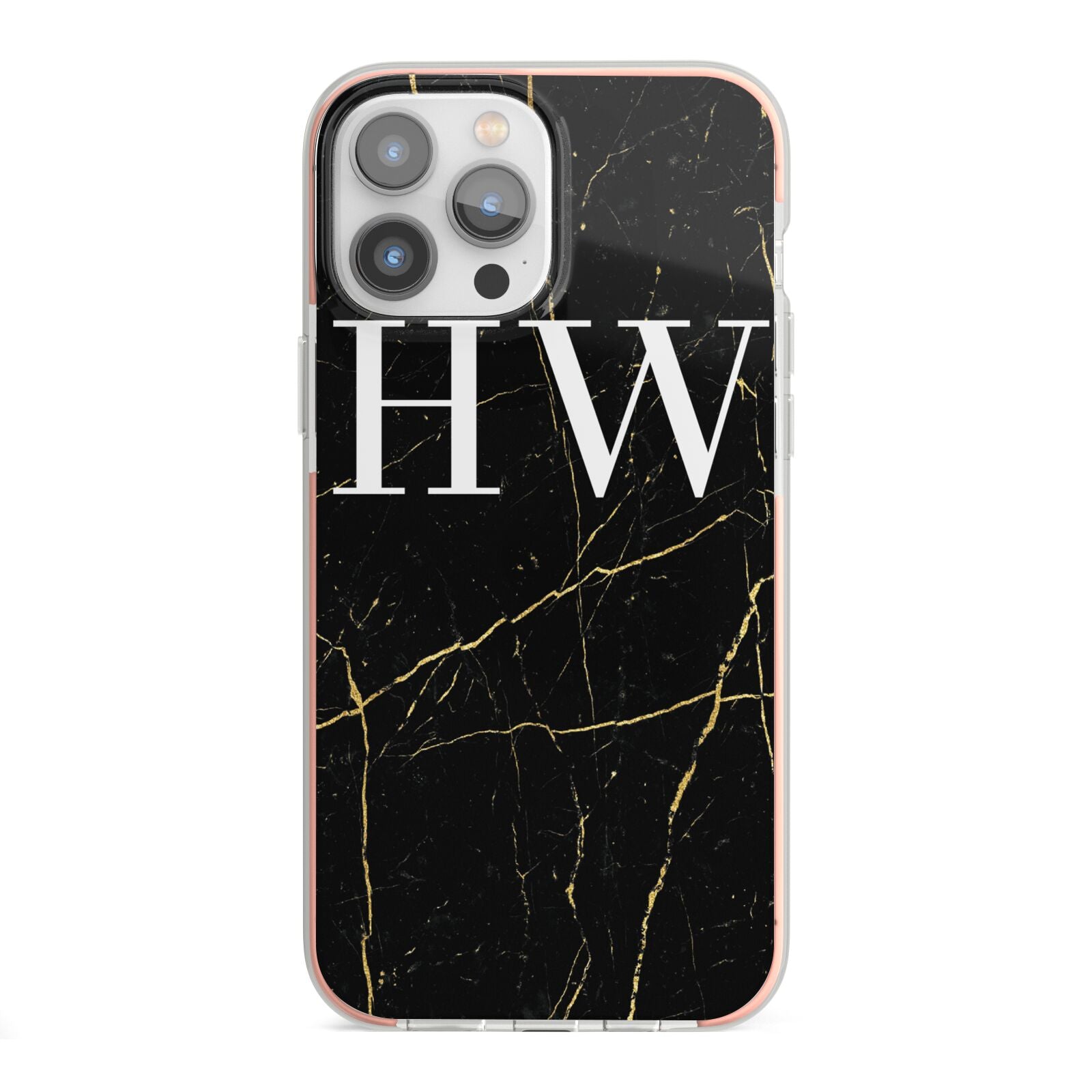 Black Gold Marble Effect Initials Personalised iPhone 13 Pro Max TPU Impact Case with Pink Edges