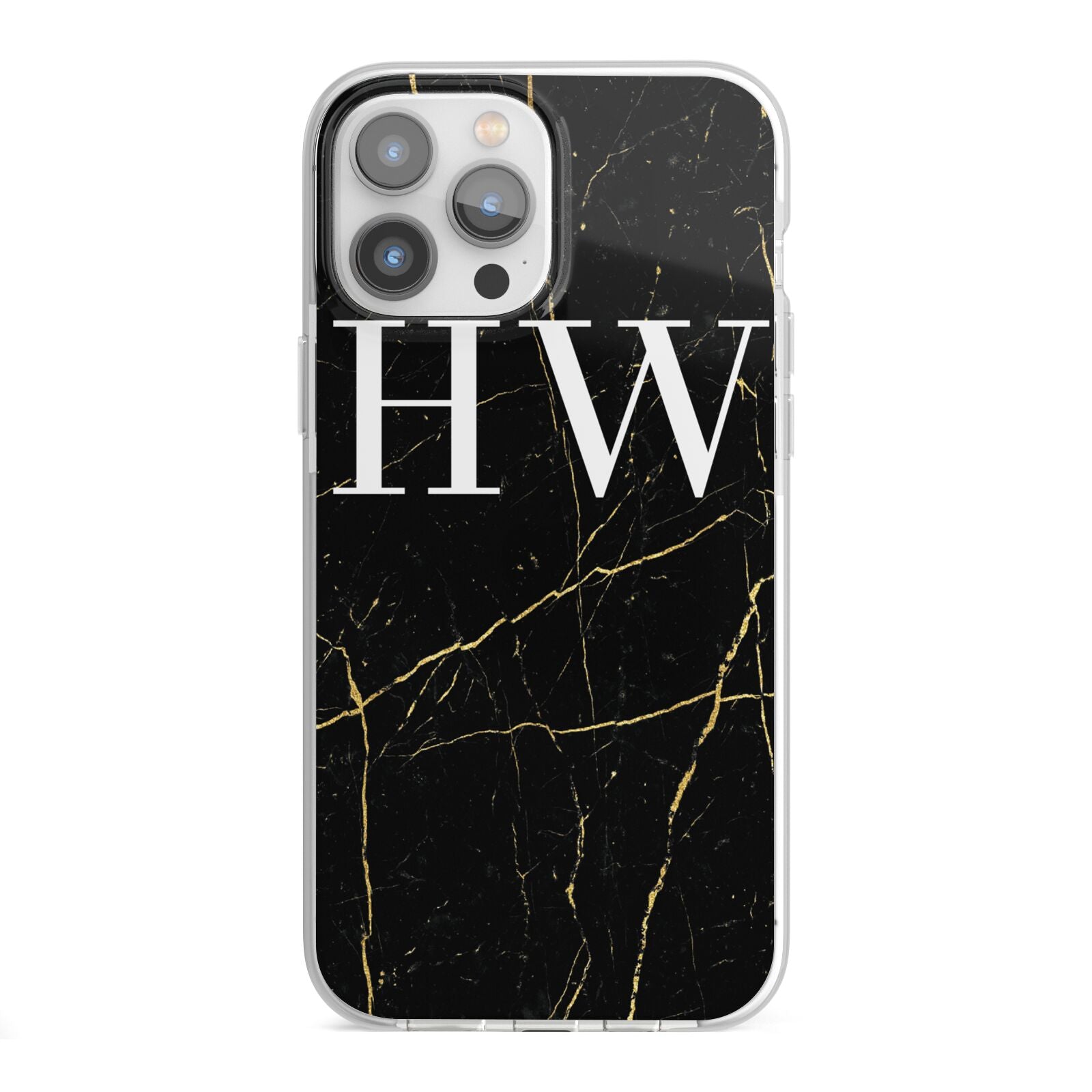 Black Gold Marble Effect Initials Personalised iPhone 13 Pro Max TPU Impact Case with White Edges
