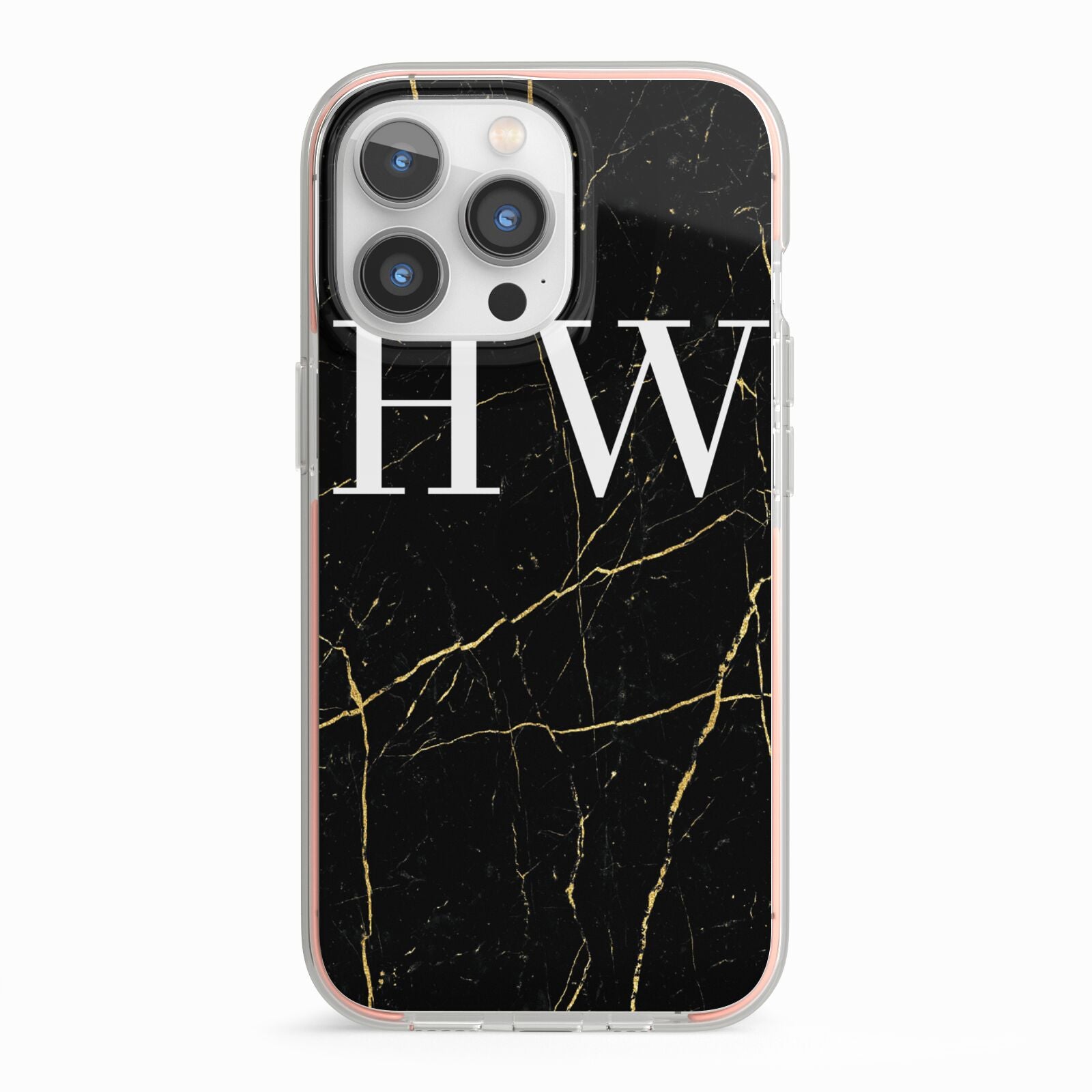 Black Gold Marble Effect Initials Personalised iPhone 13 Pro TPU Impact Case with Pink Edges
