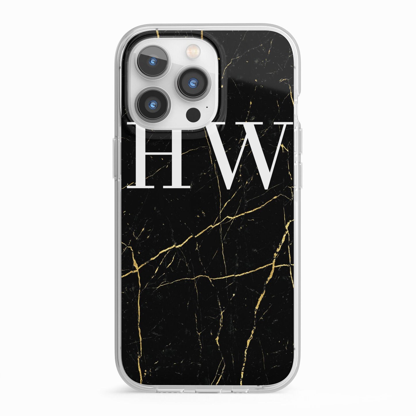 Black Gold Marble Effect Initials Personalised iPhone 13 Pro TPU Impact Case with White Edges