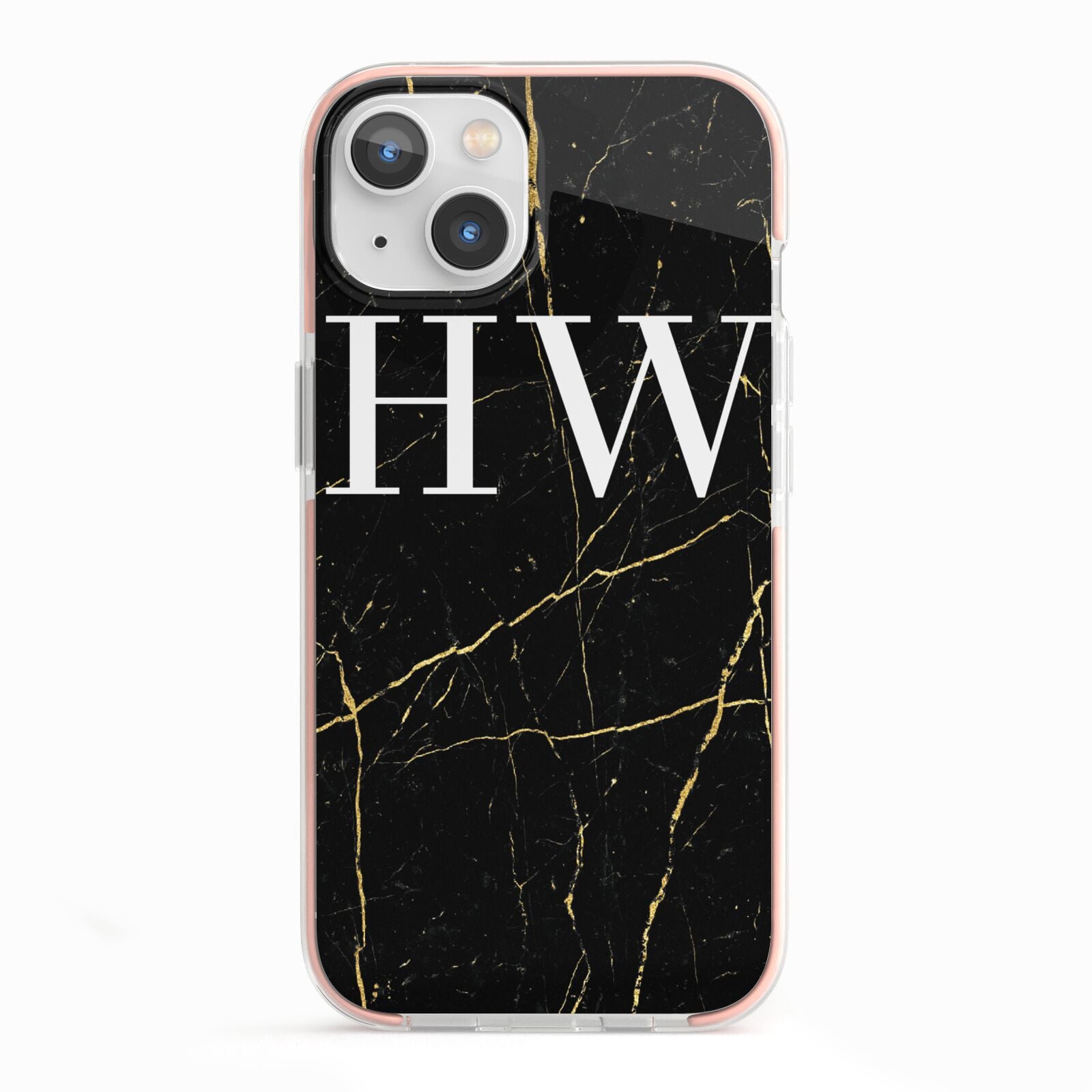 Black Gold Marble Effect Initials Personalised iPhone 13 TPU Impact Case with Pink Edges