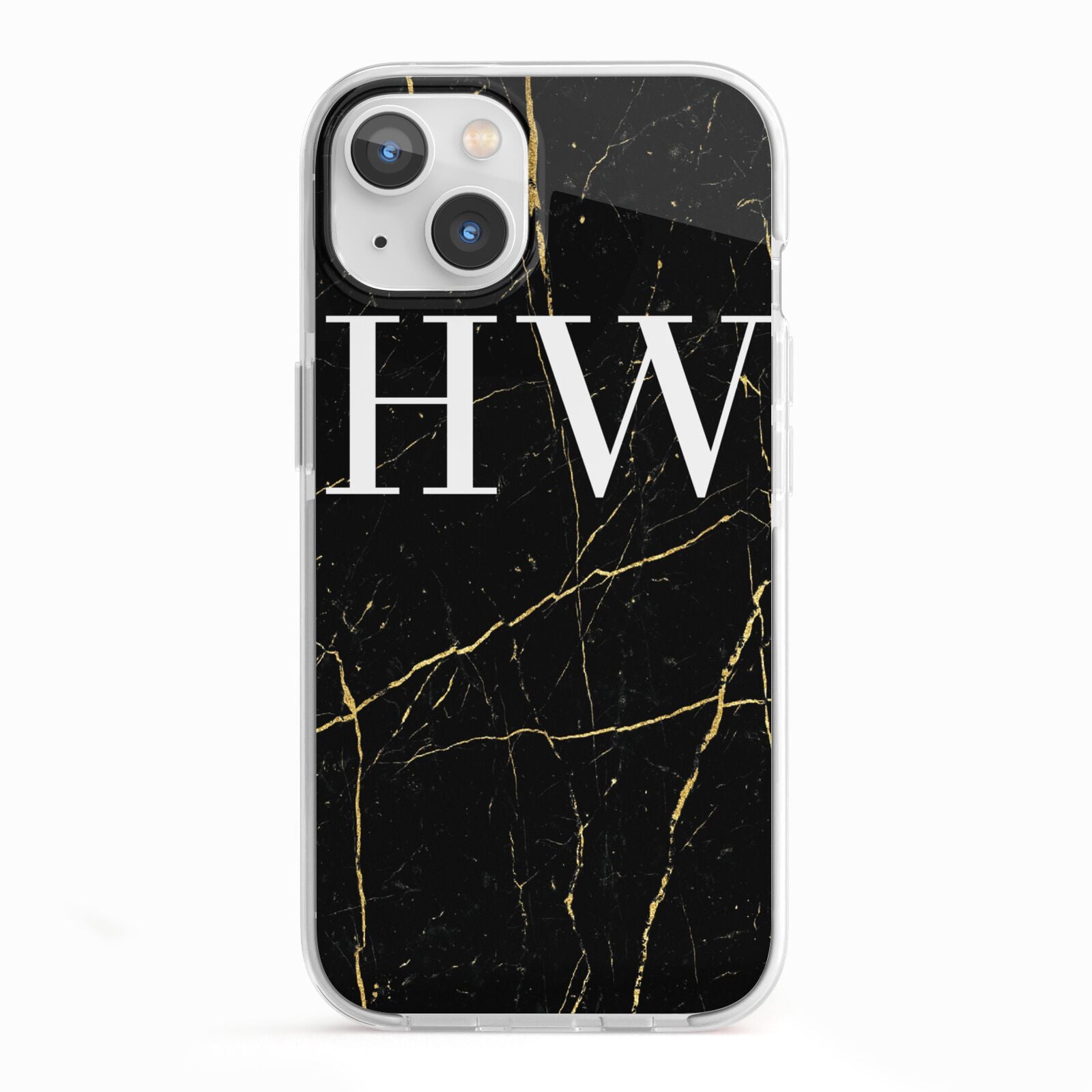 Black Gold Marble Effect Initials Personalised iPhone 13 TPU Impact Case with White Edges