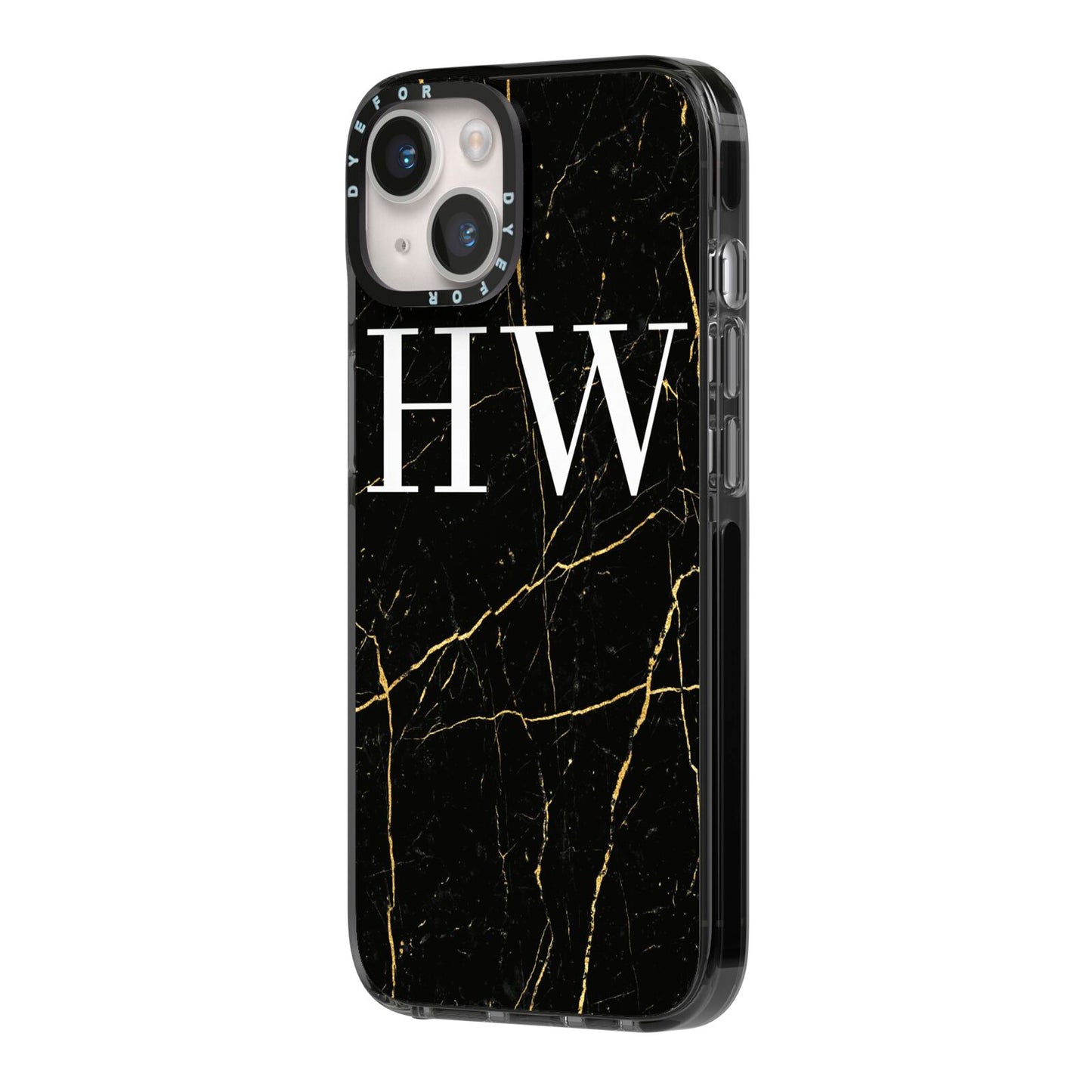 Black Gold Marble Effect Initials Personalised iPhone 14 Black Impact Case Side Angle on Silver phone