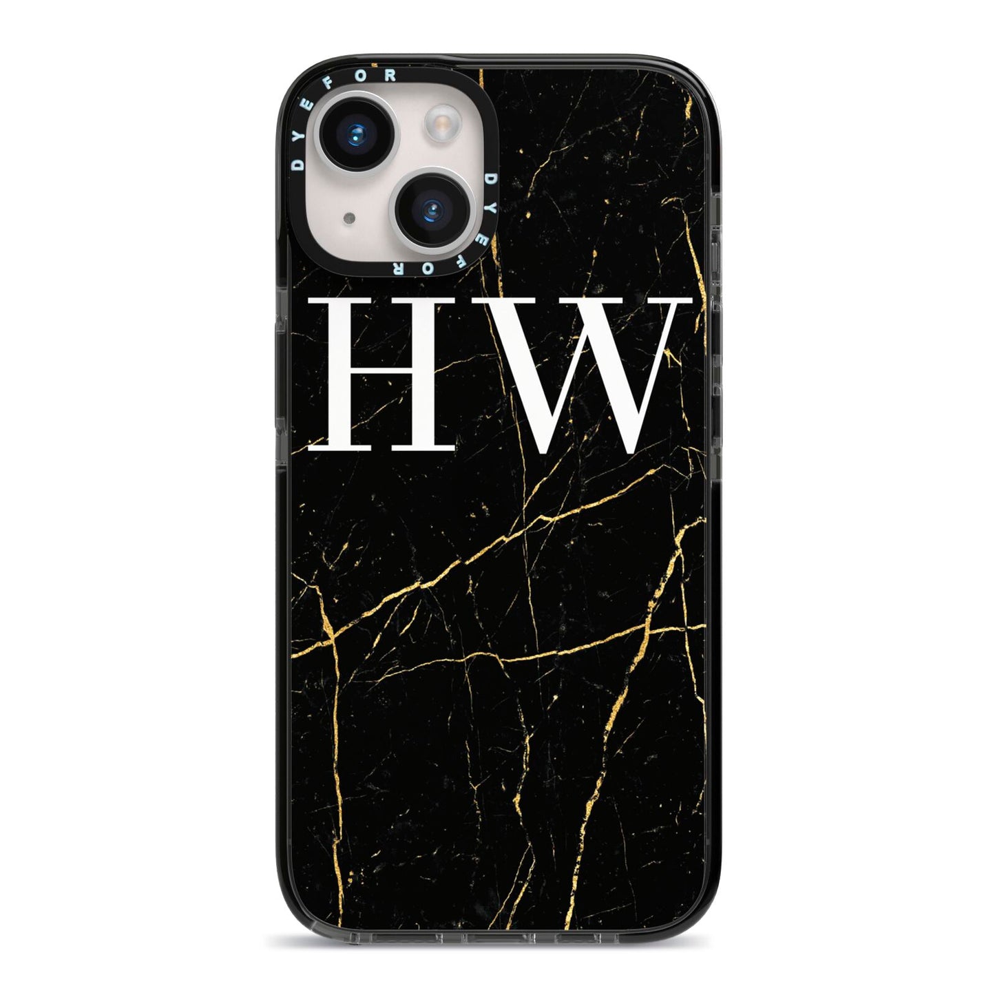 Black Gold Marble Effect Initials Personalised iPhone 14 Black Impact Case on Silver phone