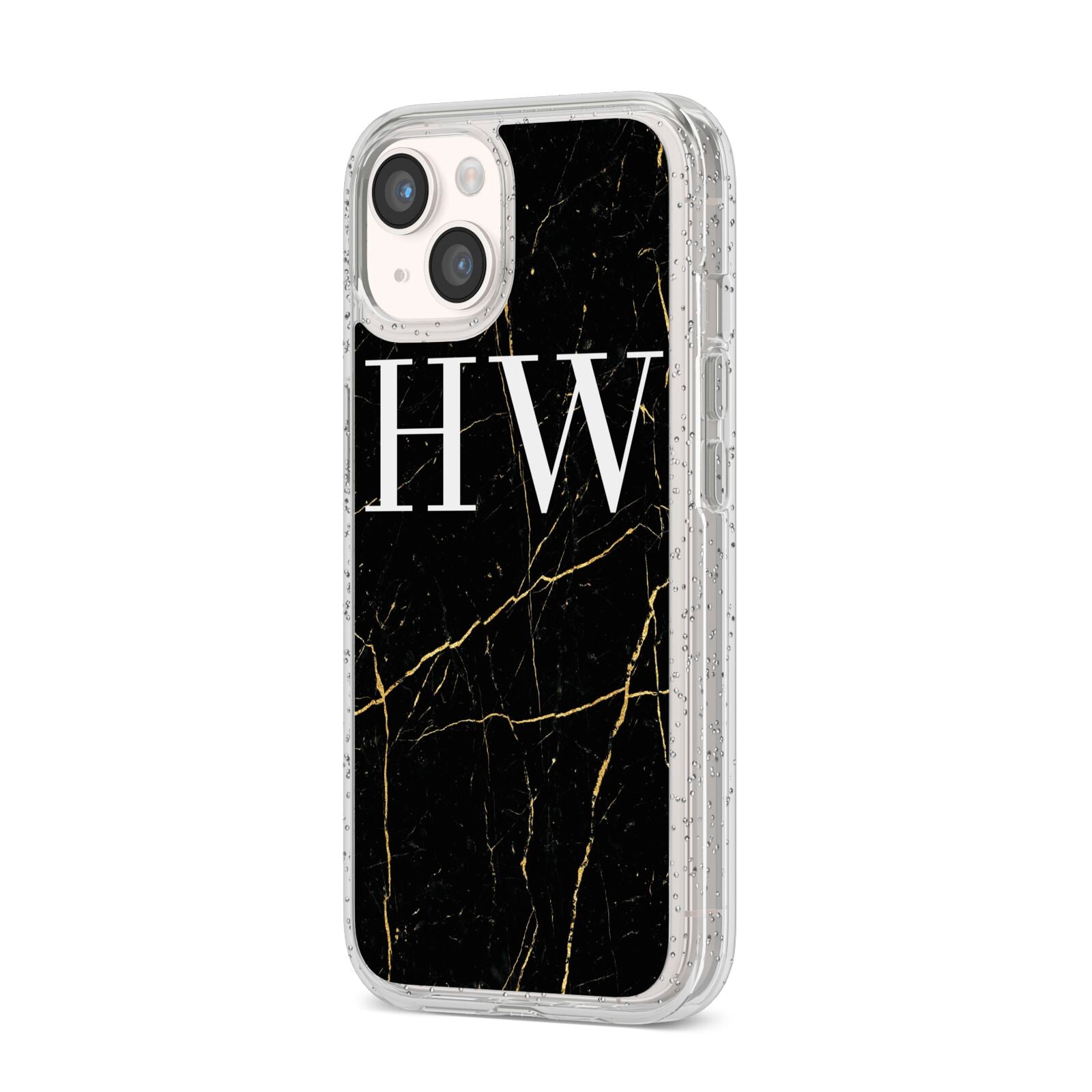 Black Gold Marble Effect Initials Personalised iPhone 14 Glitter Tough Case Starlight Angled Image