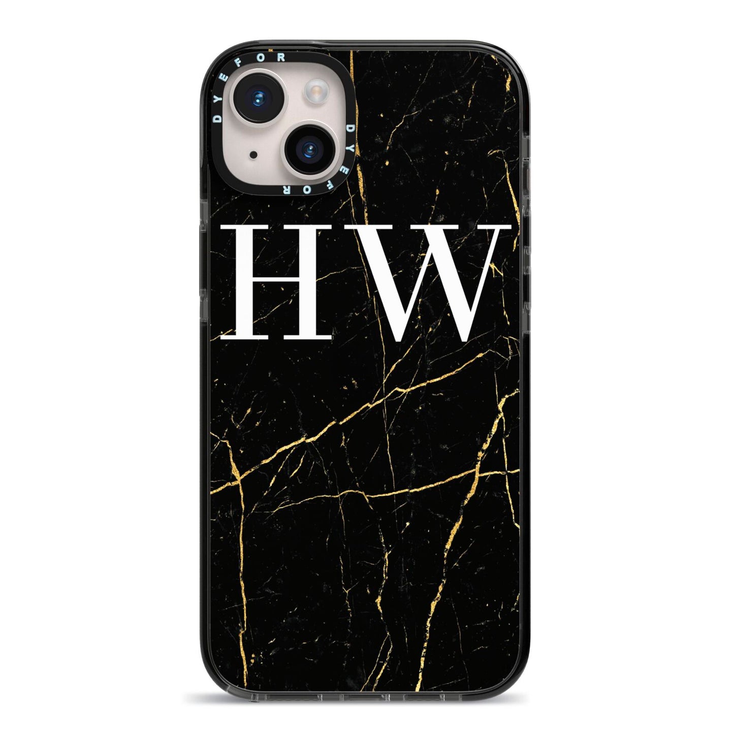 Black Gold Marble Effect Initials Personalised iPhone 14 Plus Black Impact Case on Silver phone