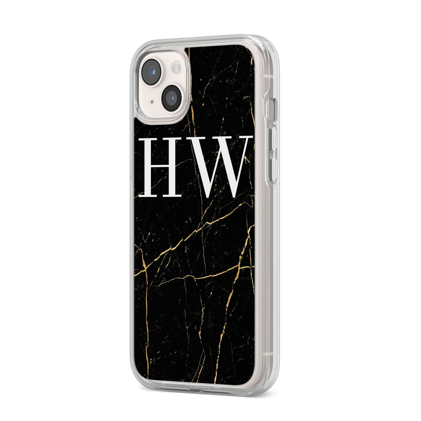 Black Gold Marble Effect Initials Personalised iPhone 14 Plus Clear Tough Case Starlight Angled Image