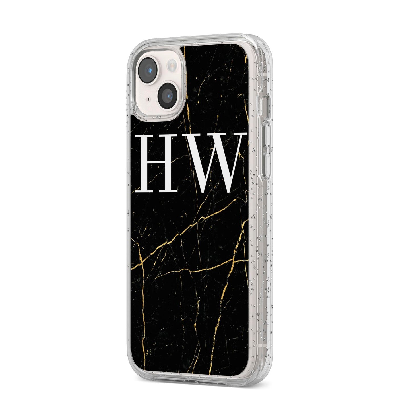 Black Gold Marble Effect Initials Personalised iPhone 14 Plus Glitter Tough Case Starlight Angled Image