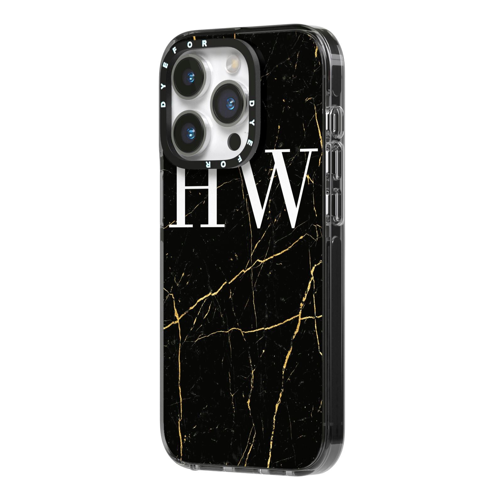Black Gold Marble Effect Initials Personalised iPhone 14 Pro Black Impact Case Side Angle on Silver phone