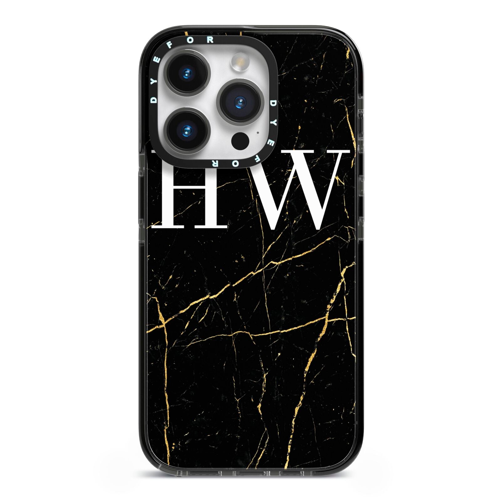 Black Gold Marble Effect Initials Personalised iPhone 14 Pro Black Impact Case on Silver phone