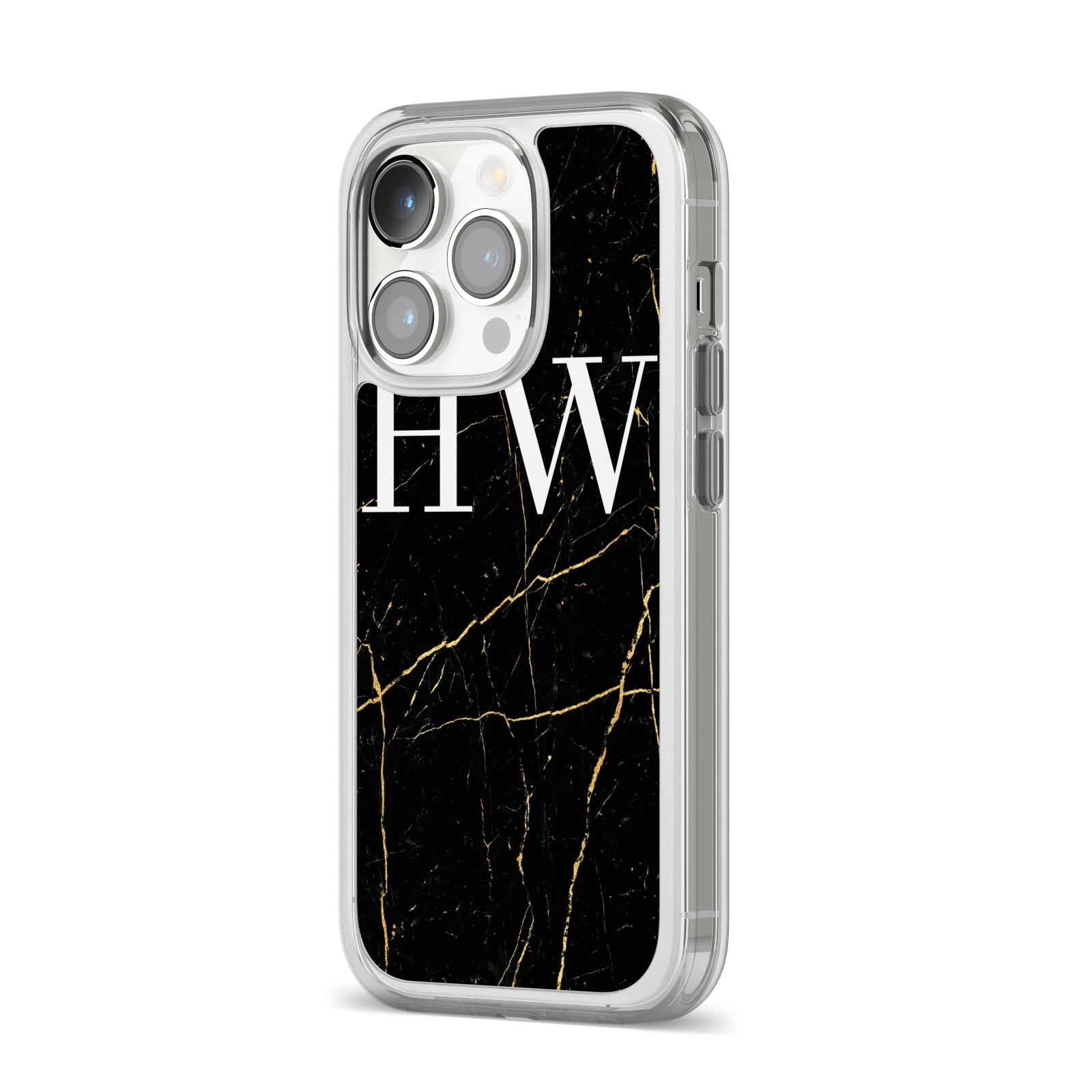 Black Gold Marble Effect Initials Personalised iPhone 14 Pro Clear Tough Case Silver Angled Image