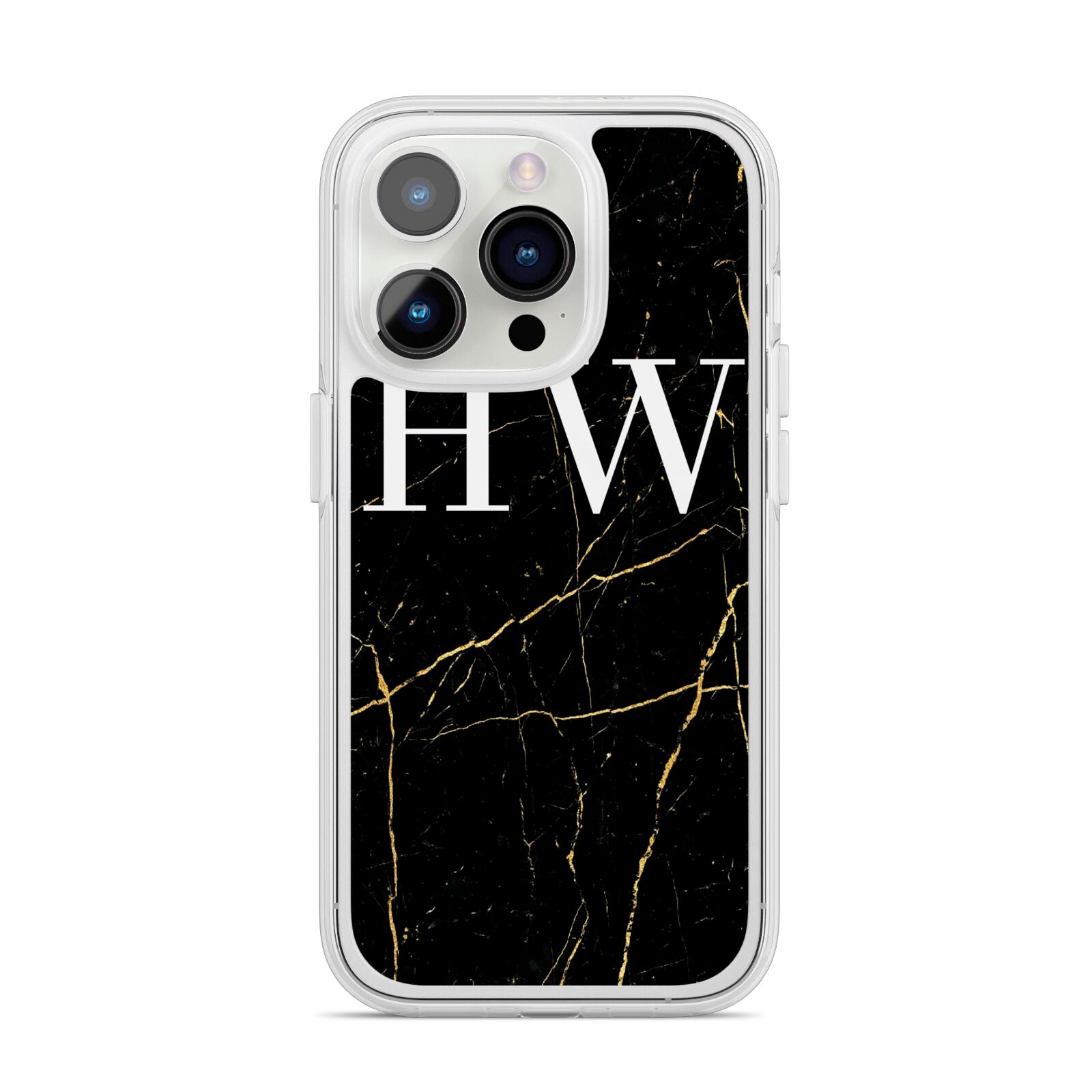 Black Gold Marble Effect Initials Personalised iPhone 14 Pro Clear Tough Case Silver