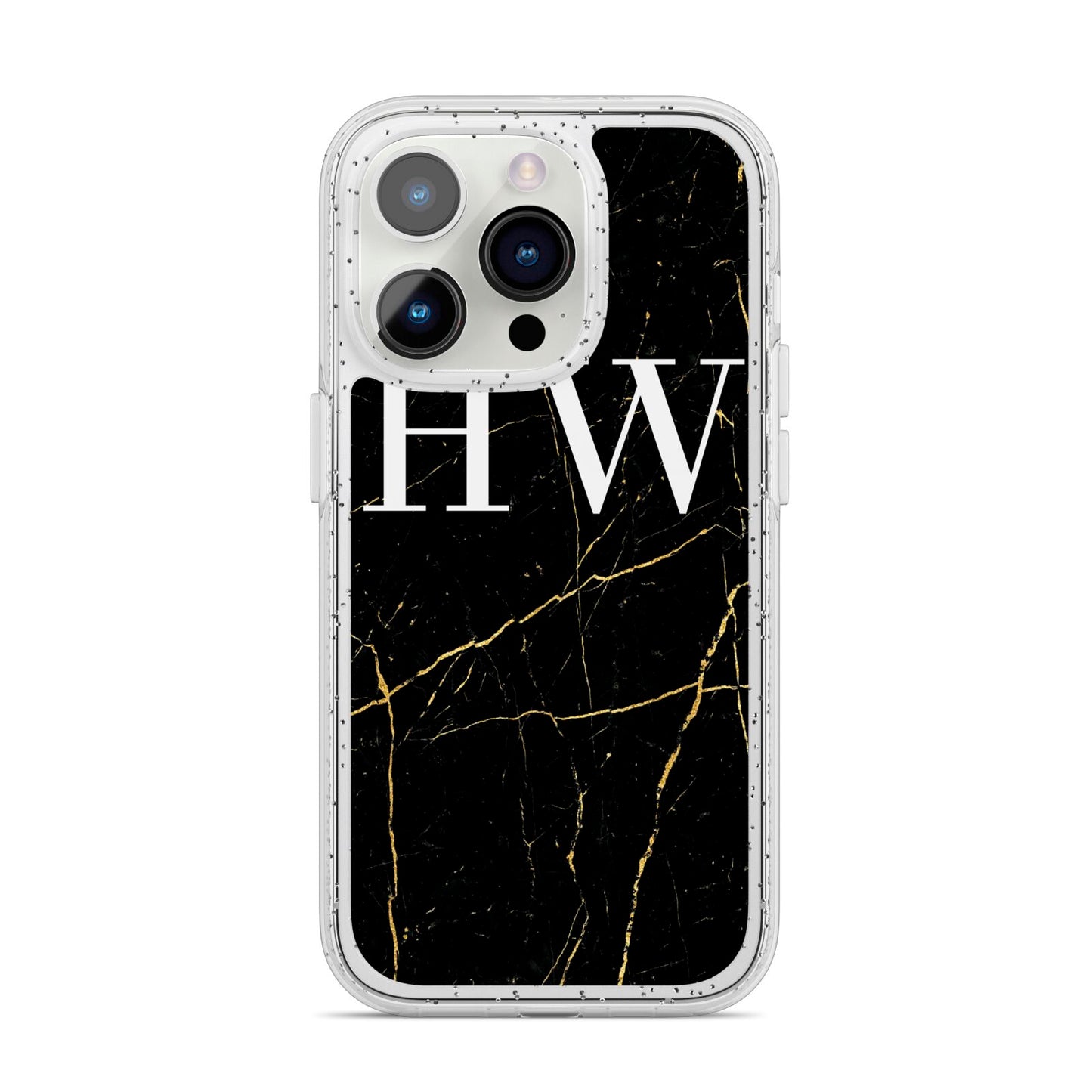 Black Gold Marble Effect Initials Personalised iPhone 14 Pro Glitter Tough Case Silver