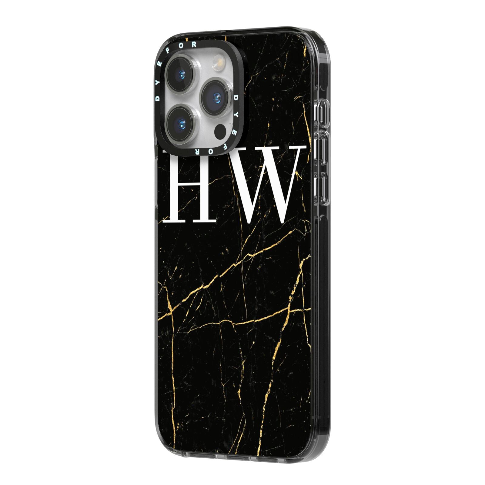 Black Gold Marble Effect Initials Personalised iPhone 14 Pro Max Black Impact Case Side Angle on Silver phone