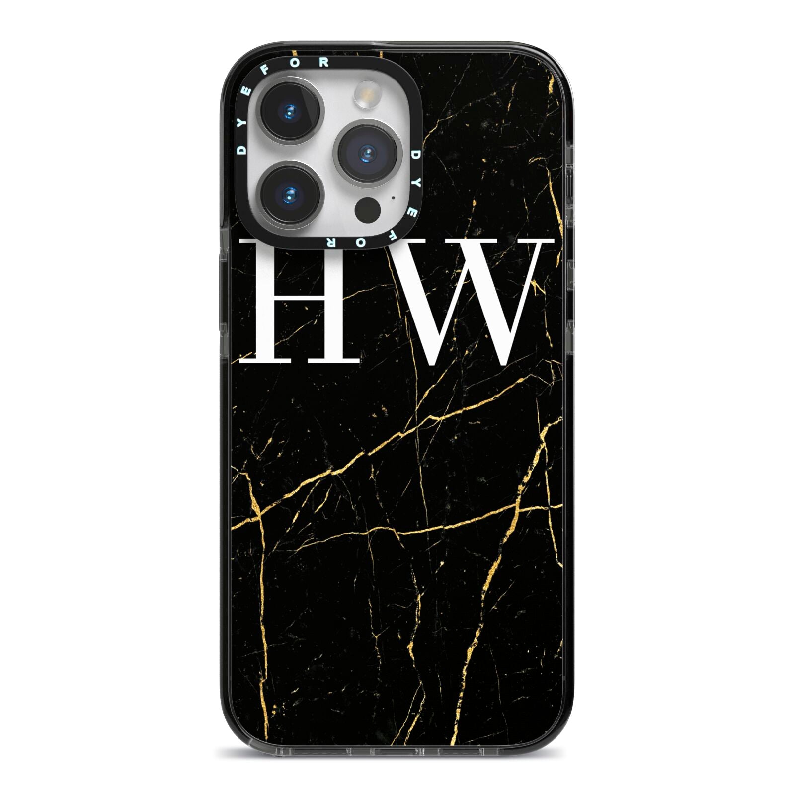 Black Gold Marble Effect Initials Personalised iPhone 14 Pro Max Black Impact Case on Silver phone