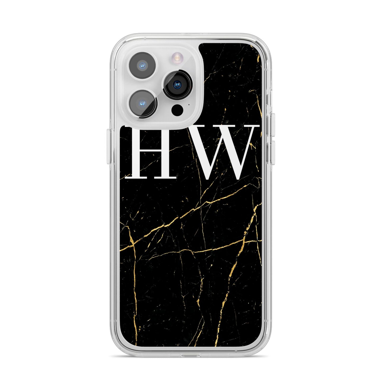 Black Gold Marble Effect Initials Personalised iPhone 14 Pro Max Clear Tough Case Silver