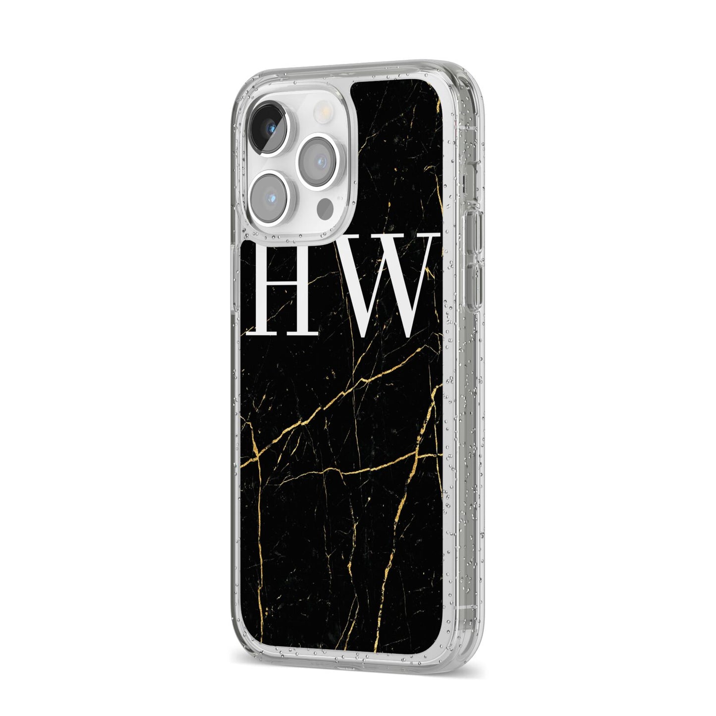 Black Gold Marble Effect Initials Personalised iPhone 14 Pro Max Glitter Tough Case Silver Angled Image