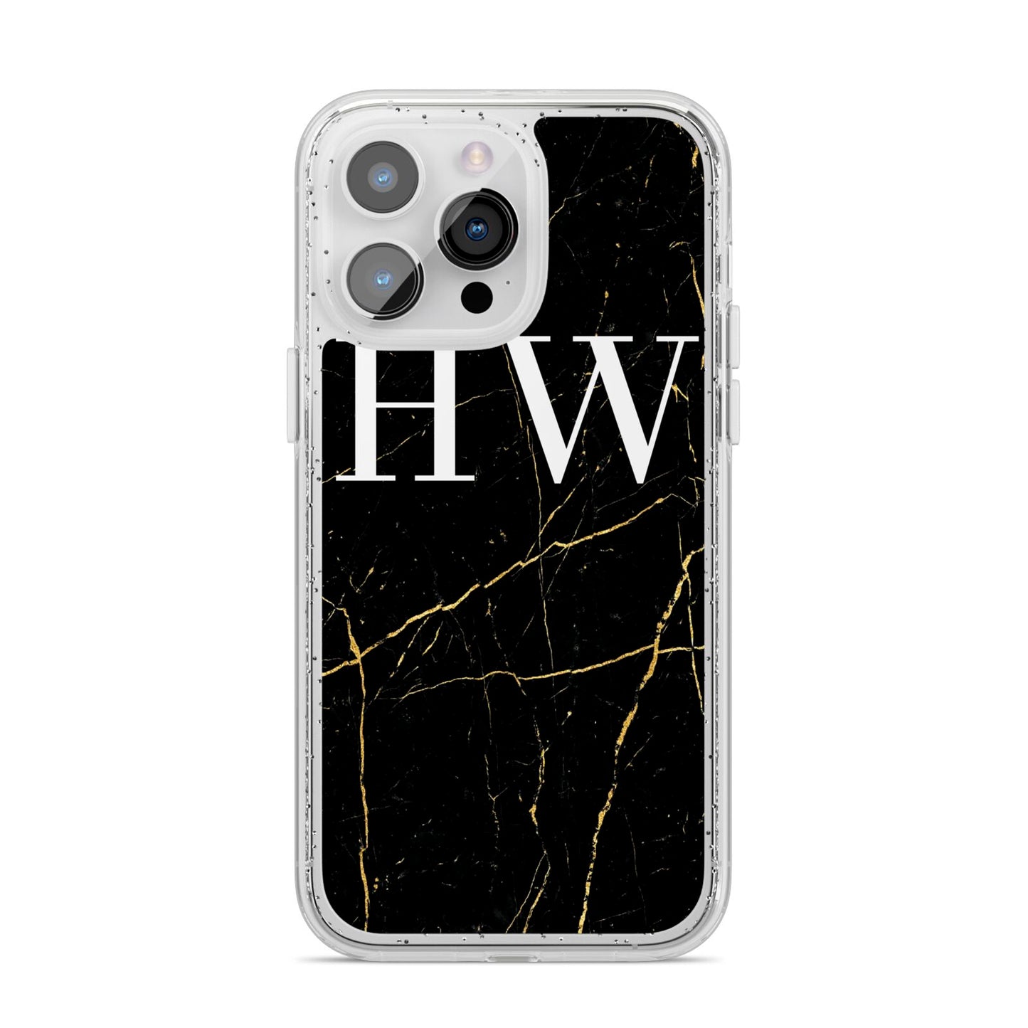 Black Gold Marble Effect Initials Personalised iPhone 14 Pro Max Glitter Tough Case Silver