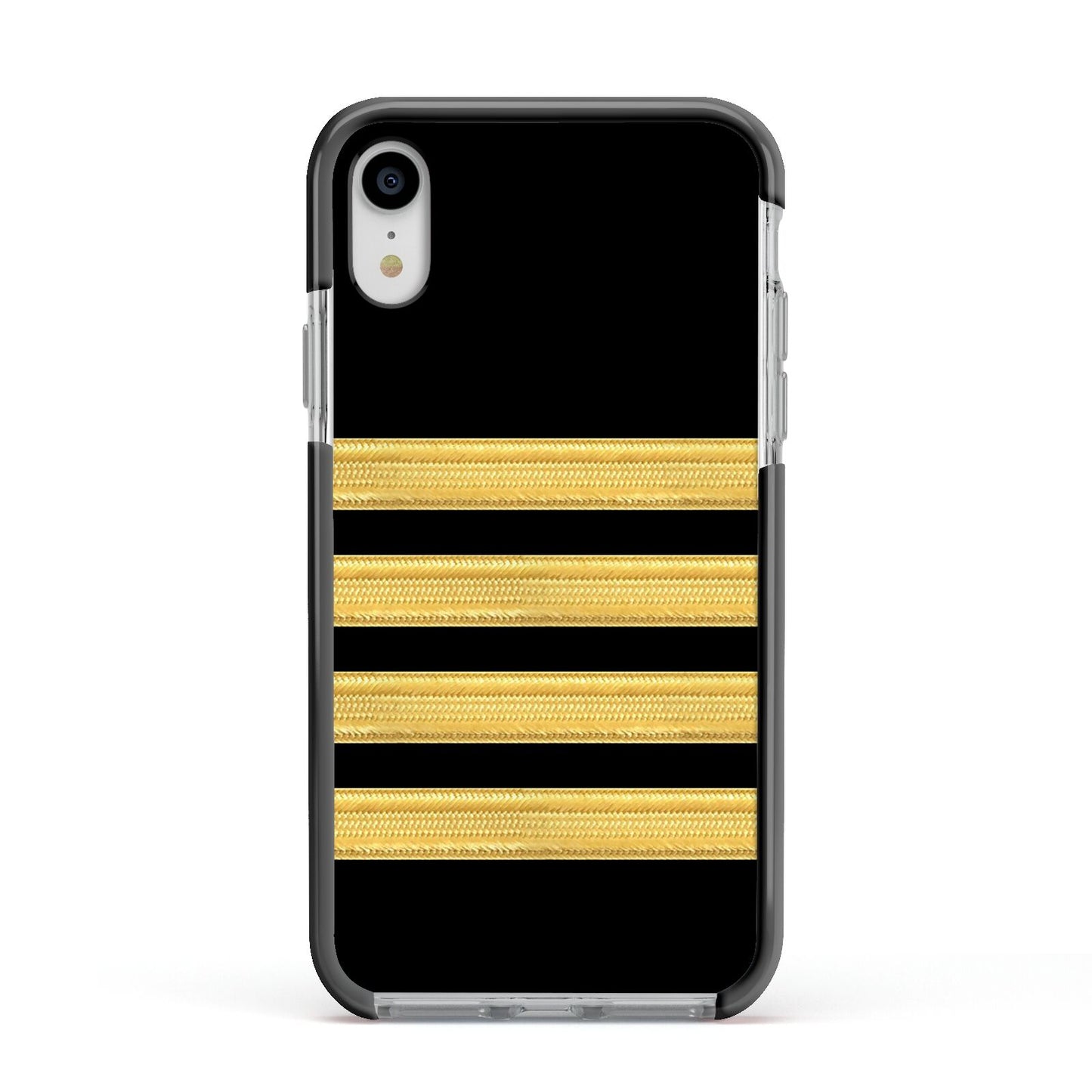 Black Gold Pilot Stripes Apple iPhone XR Impact Case Black Edge on Silver Phone