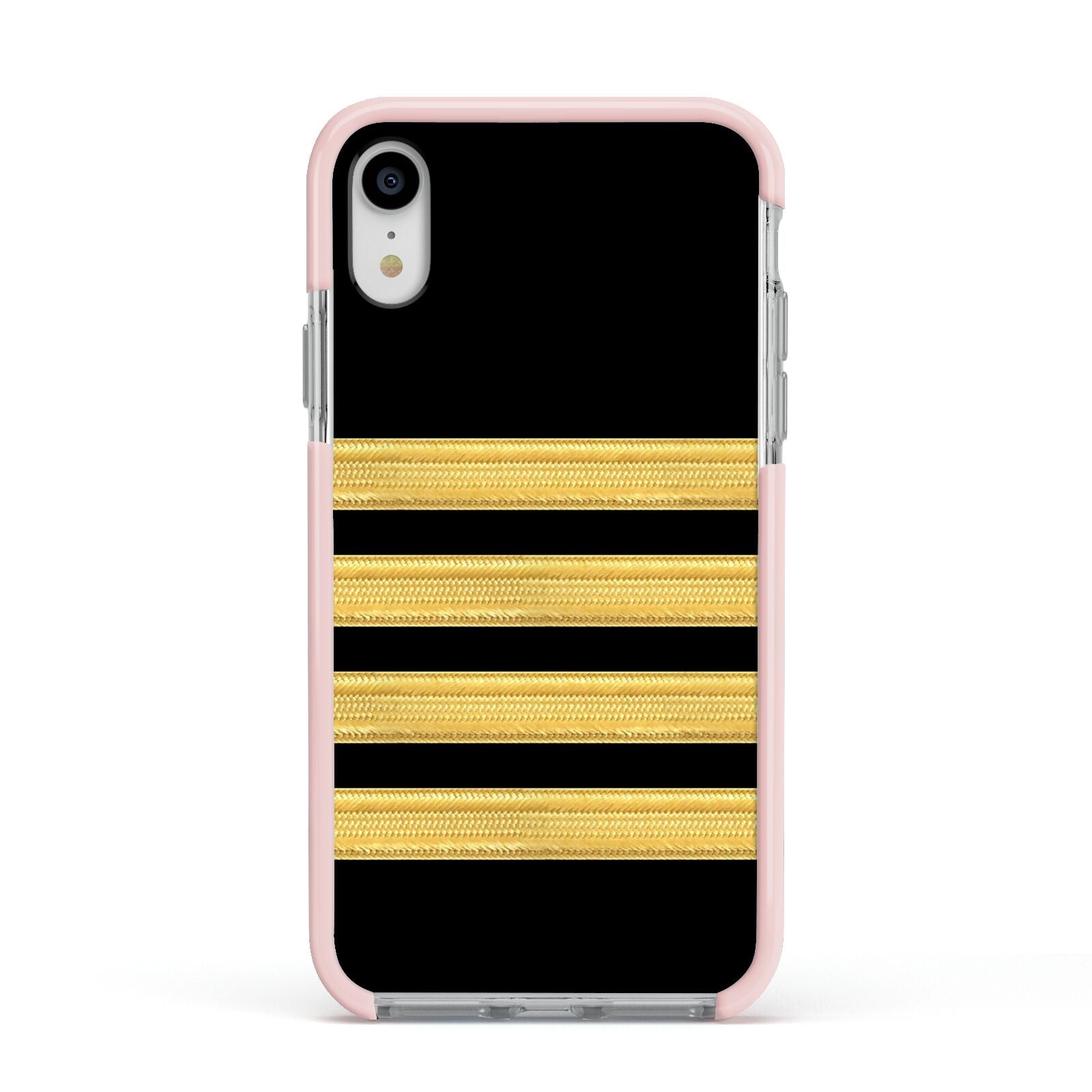 Black Gold Pilot Stripes Apple iPhone XR Impact Case Pink Edge on Silver Phone