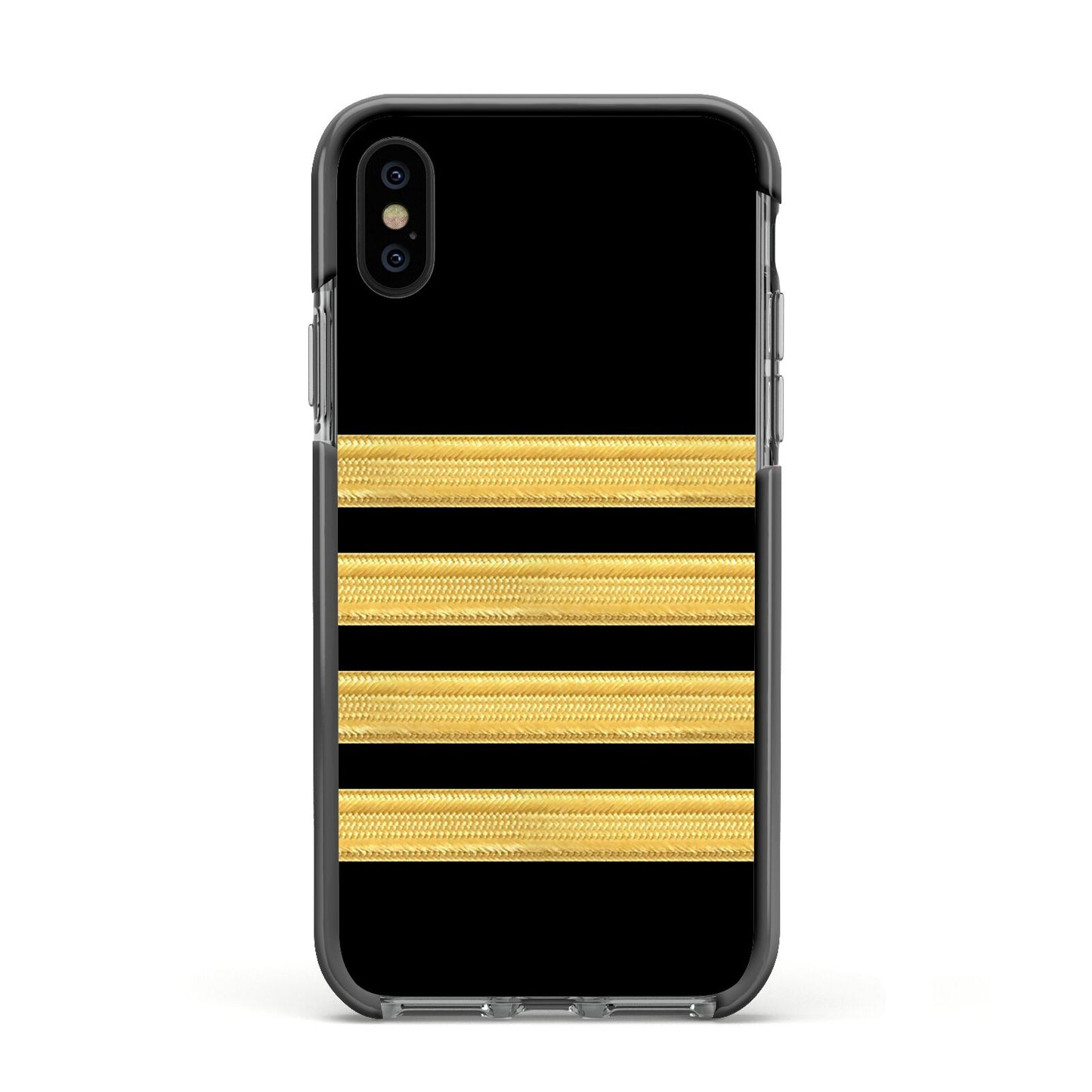 Black Gold Pilot Stripes Apple iPhone Xs Impact Case Black Edge on Black Phone