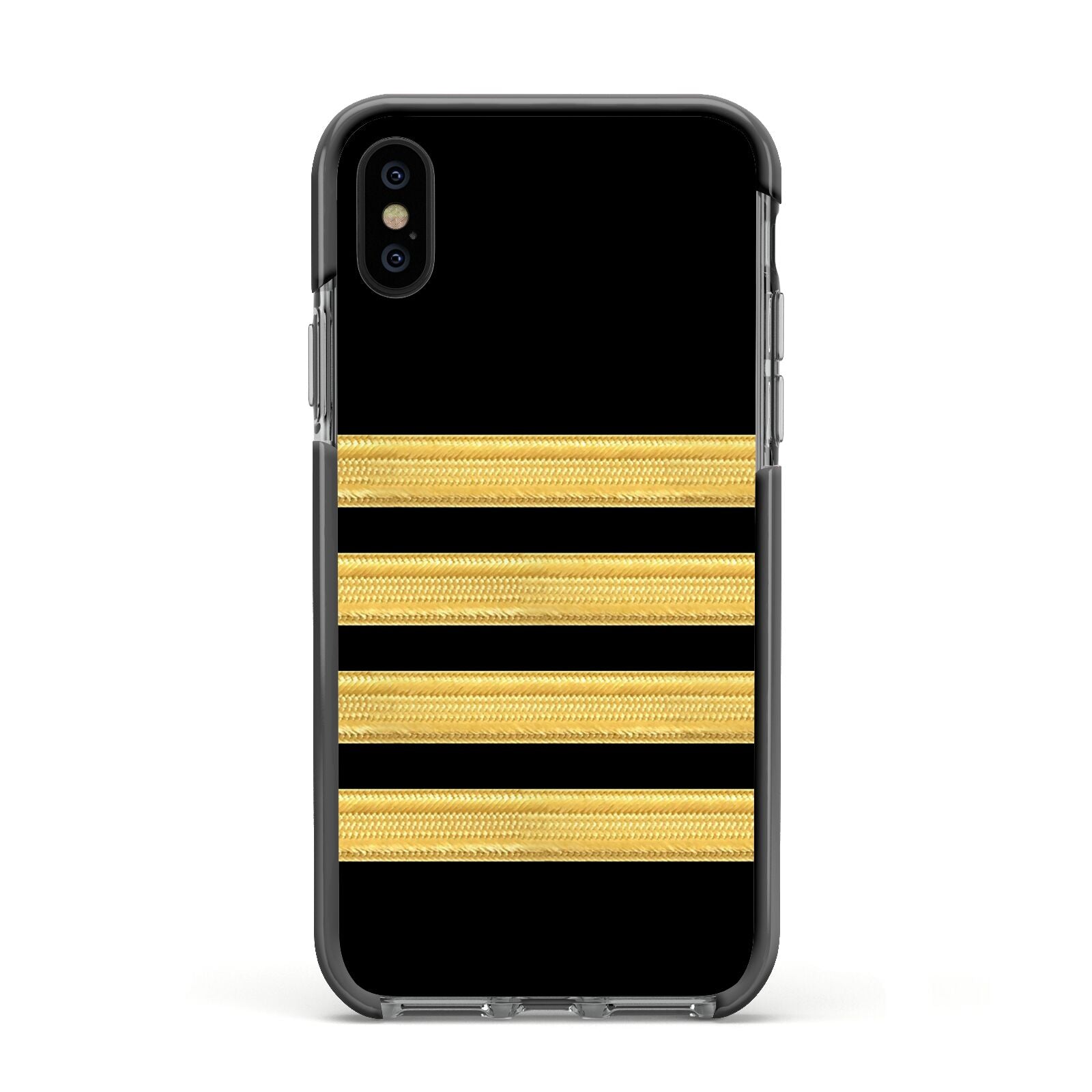 Black Gold Pilot Stripes Apple iPhone Xs Impact Case Black Edge on Black Phone