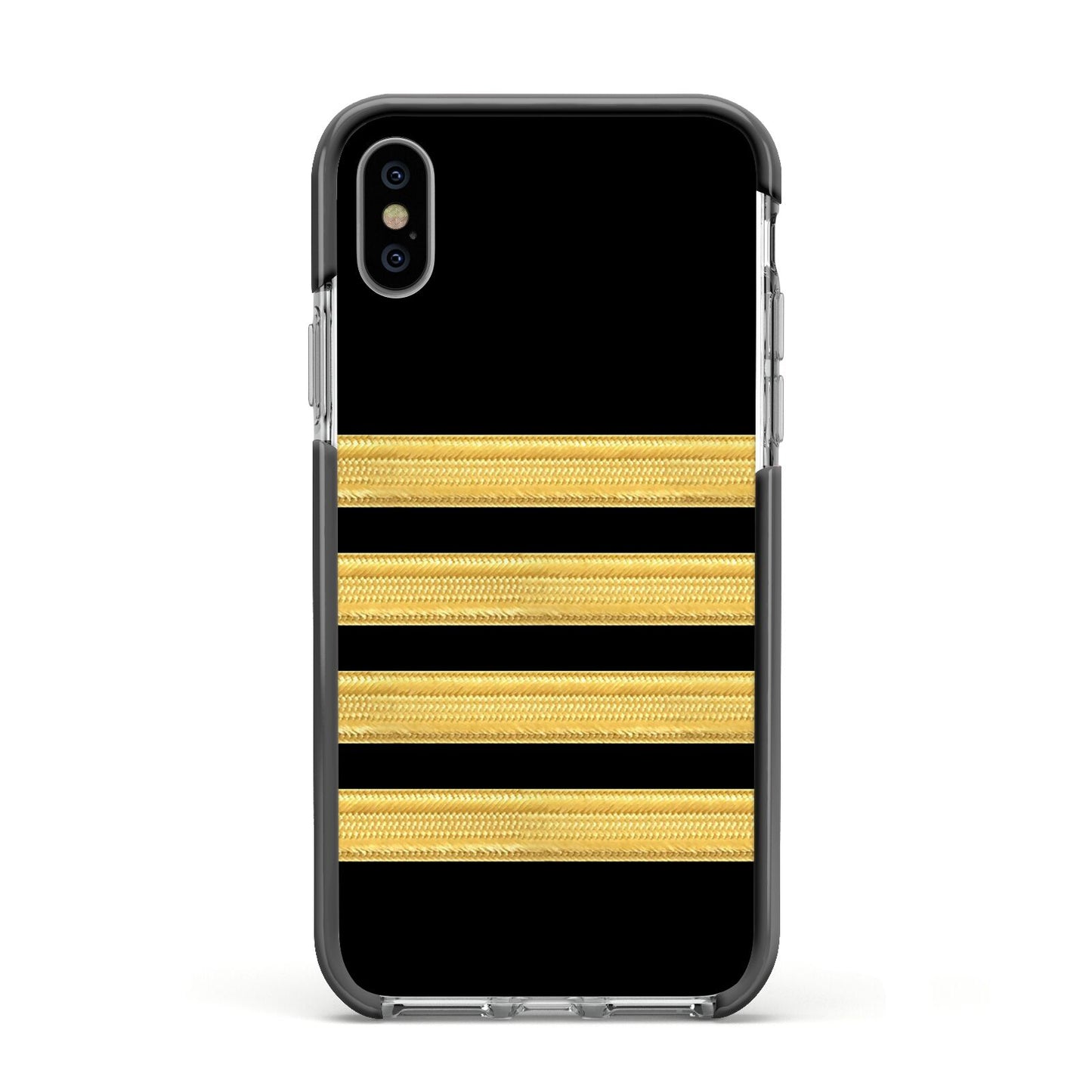 Black Gold Pilot Stripes Apple iPhone Xs Impact Case Black Edge on Silver Phone
