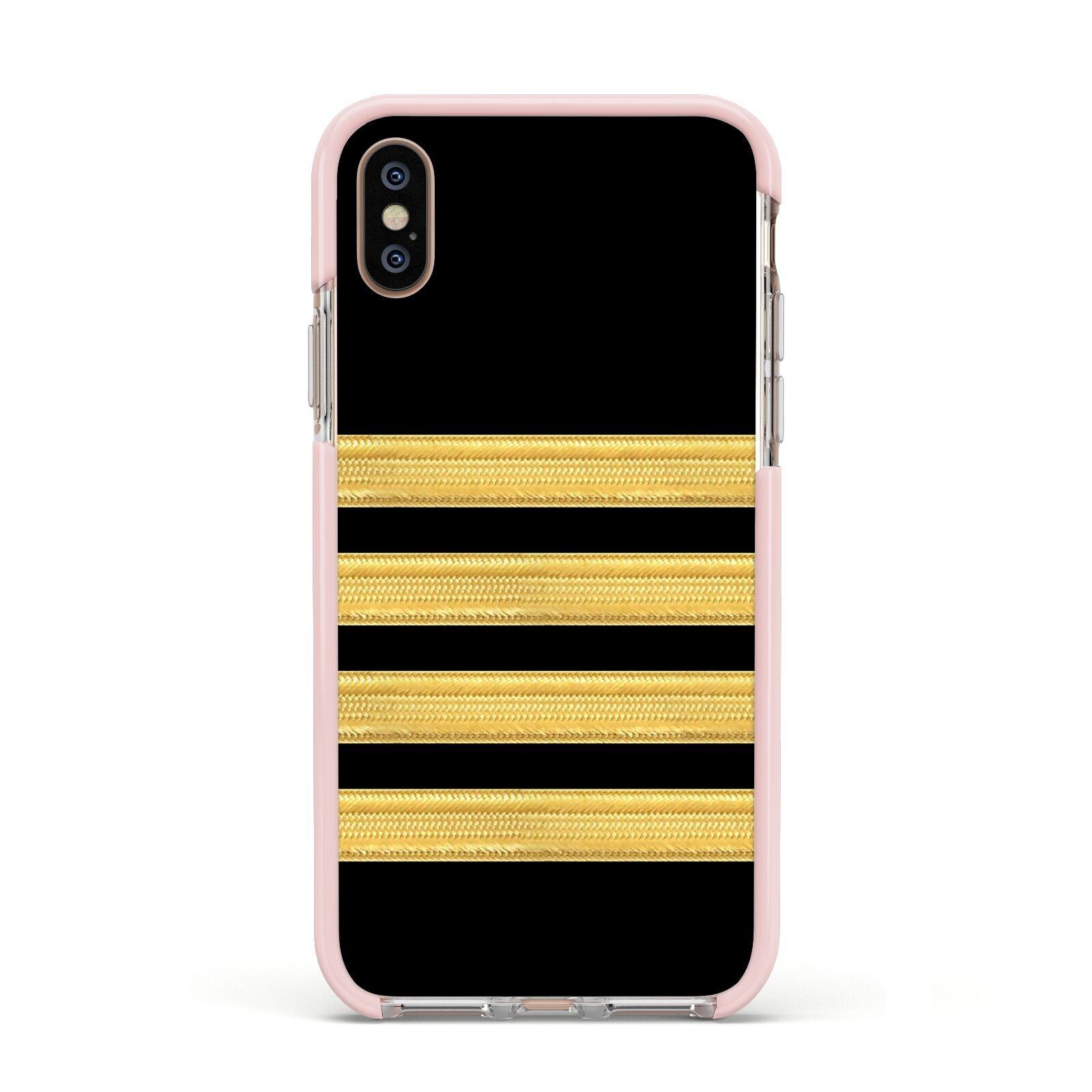 Black Gold Pilot Stripes Apple iPhone Xs Impact Case Pink Edge on Gold Phone