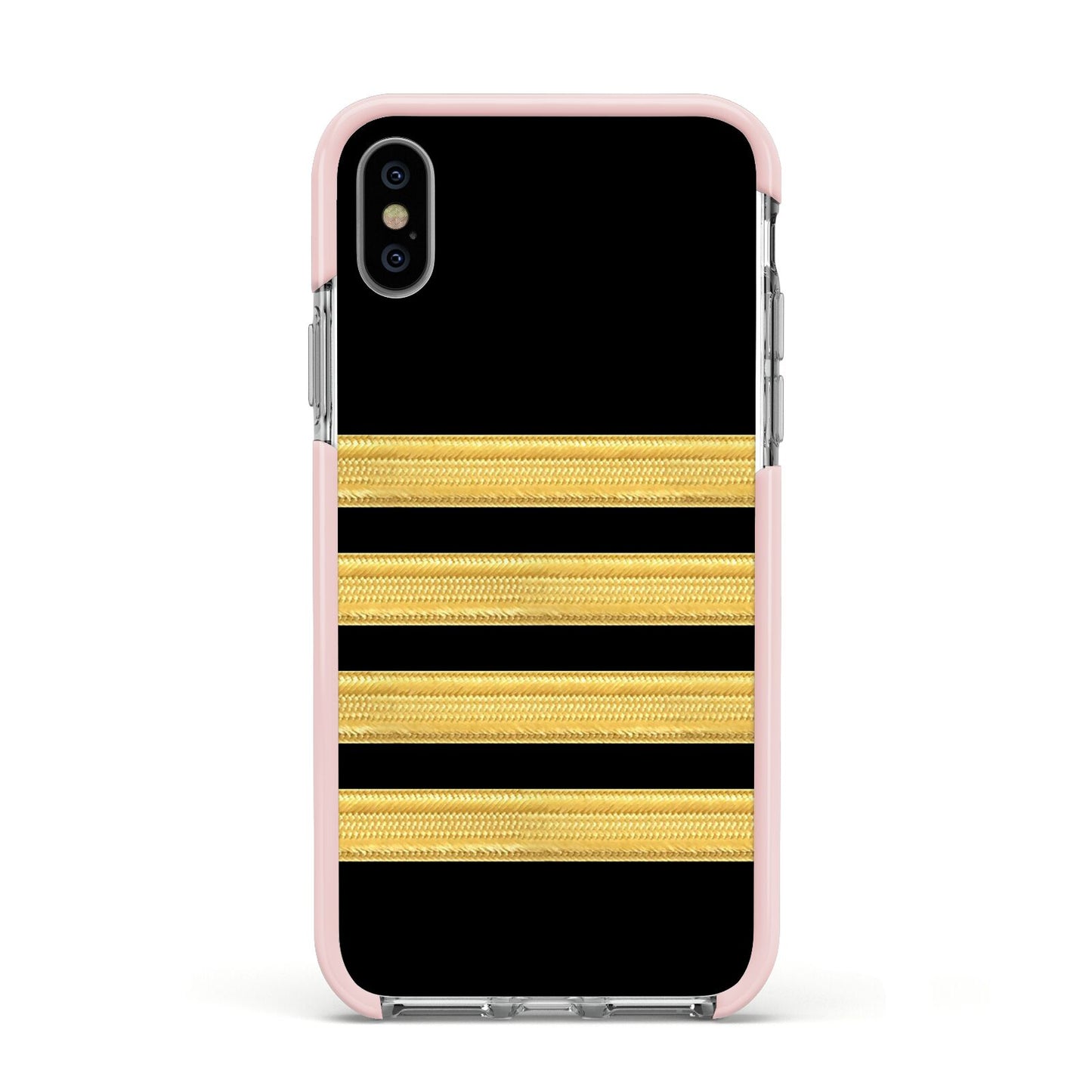 Black Gold Pilot Stripes Apple iPhone Xs Impact Case Pink Edge on Silver Phone