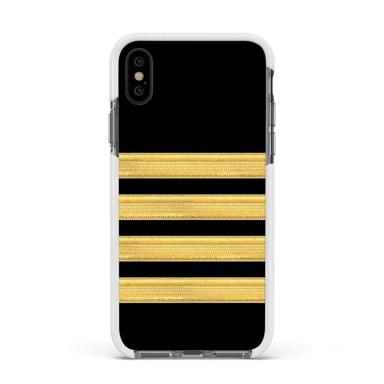 Black Gold Pilot Stripes Apple iPhone Xs Impact Case White Edge on Black Phone