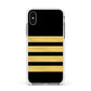 Black Gold Pilot Stripes Apple iPhone Xs Impact Case White Edge on Silver Phone