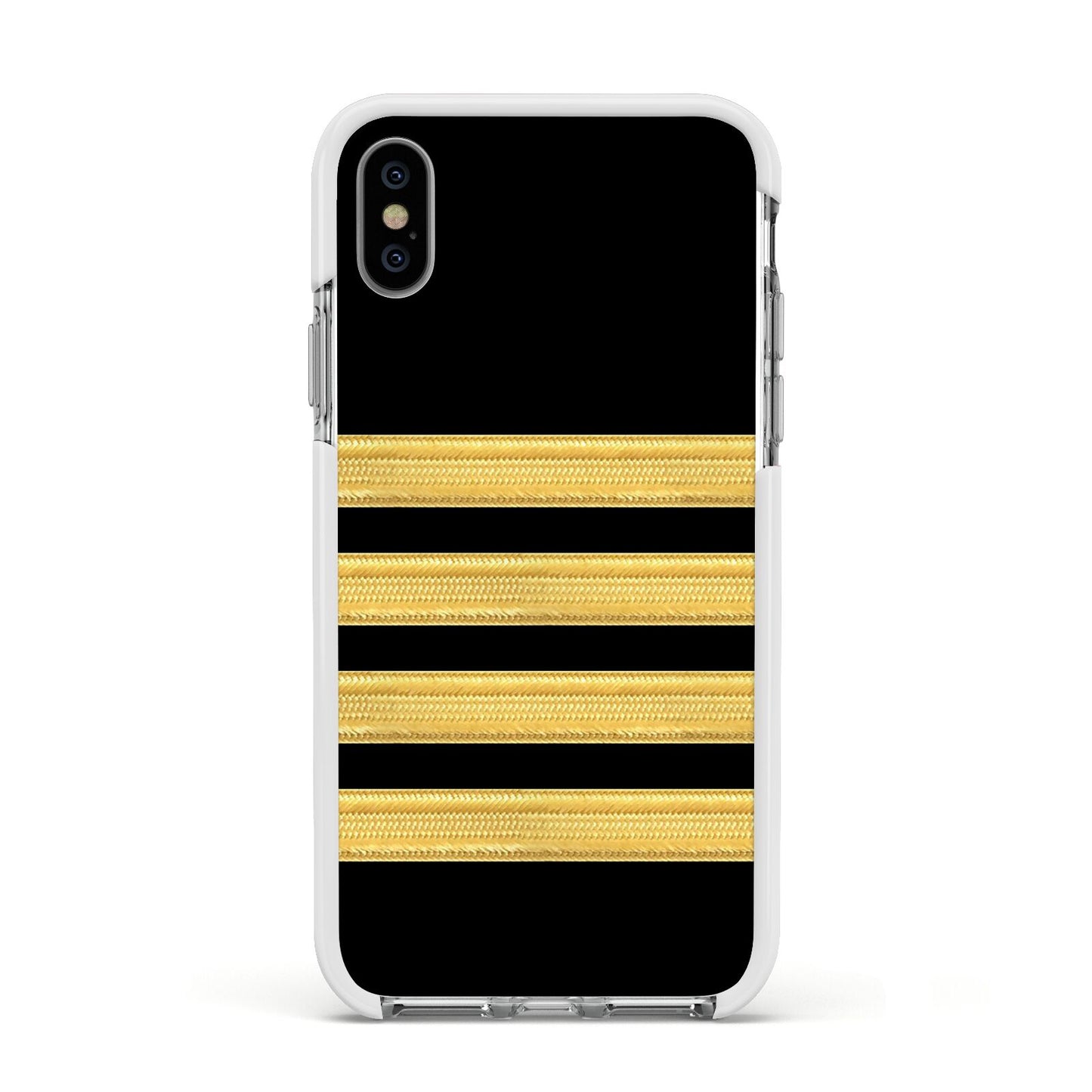 Black Gold Pilot Stripes Apple iPhone Xs Impact Case White Edge on Silver Phone