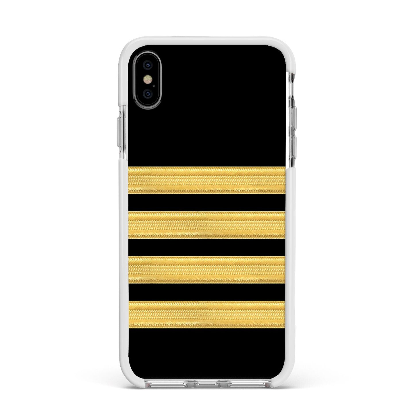 Black Gold Pilot Stripes Apple iPhone Xs Max Impact Case White Edge on Silver Phone