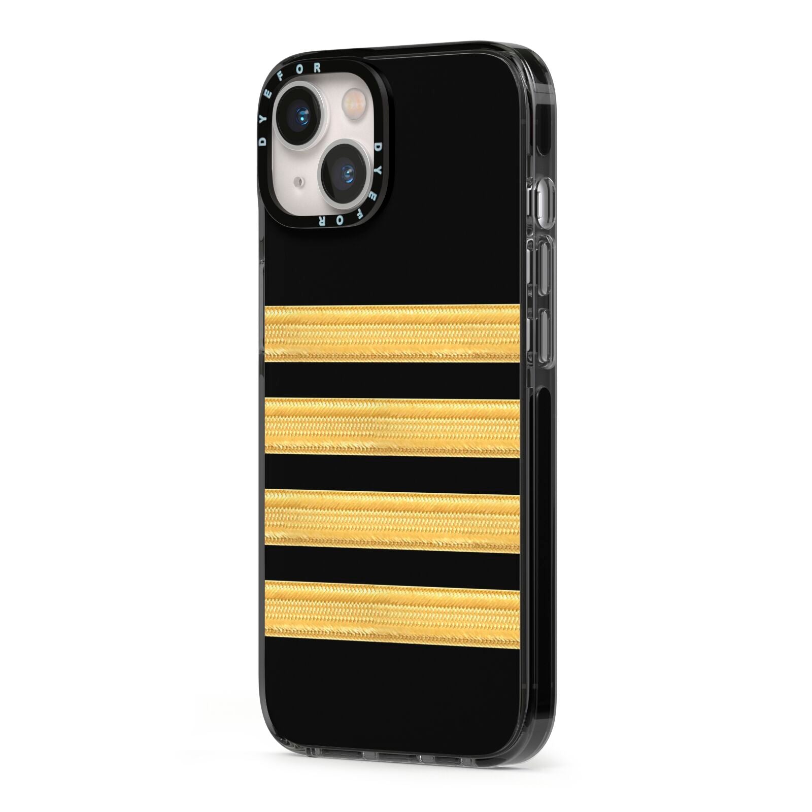 Black Gold Pilot Stripes iPhone 13 Black Impact Case Side Angle on Silver phone
