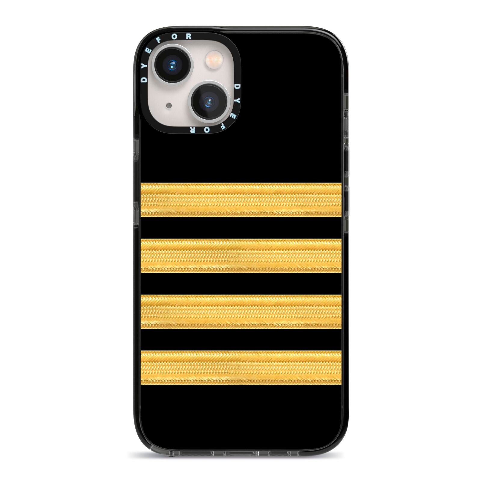 Black Gold Pilot Stripes iPhone 13 Black Impact Case on Silver phone