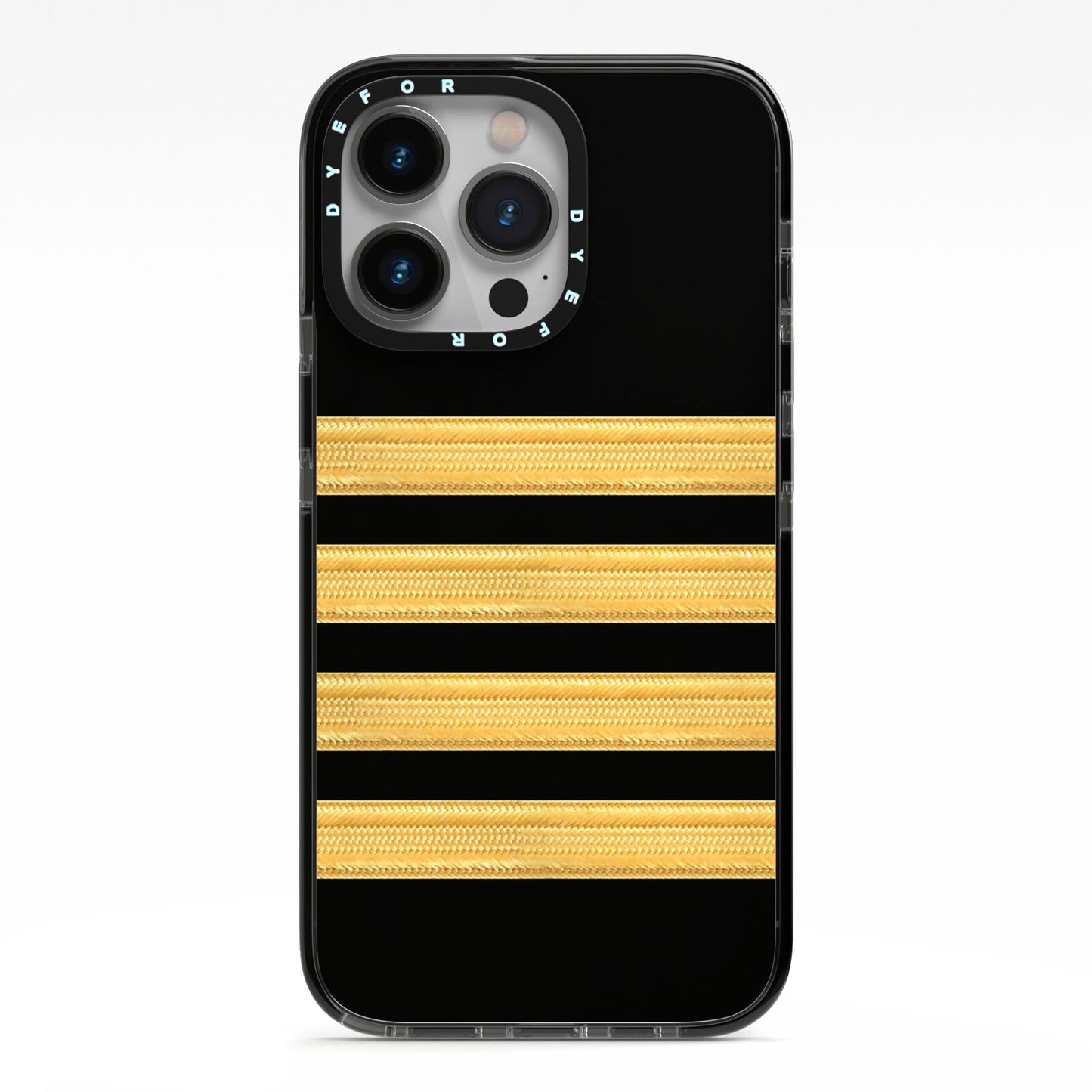 Black Gold Pilot Stripes iPhone 13 Pro Black Impact Case on Silver phone
