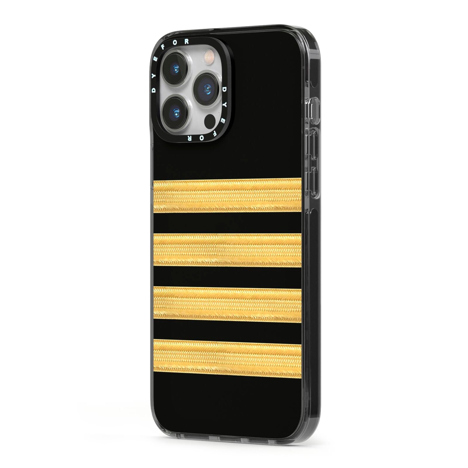 Black Gold Pilot Stripes iPhone 13 Pro Max Black Impact Case Side Angle on Silver phone