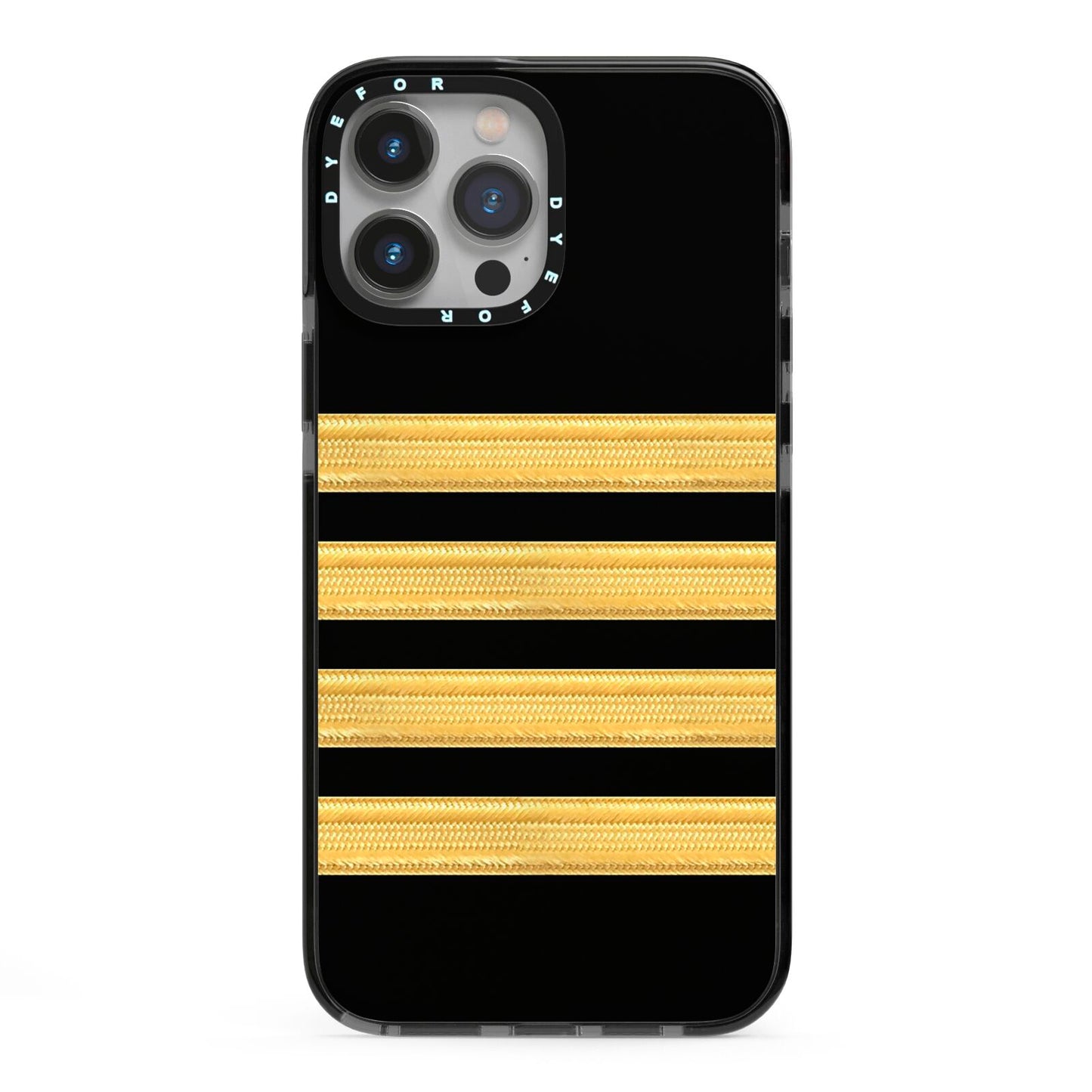 Black Gold Pilot Stripes iPhone 13 Pro Max Black Impact Case on Silver phone
