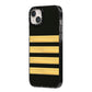 Black Gold Pilot Stripes iPhone 14 Plus Black Impact Case Side Angle on Silver phone