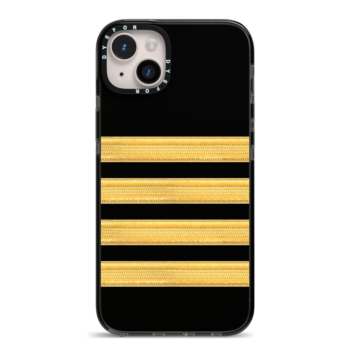 Black Gold Pilot Stripes iPhone 14 Plus Black Impact Case on Silver phone