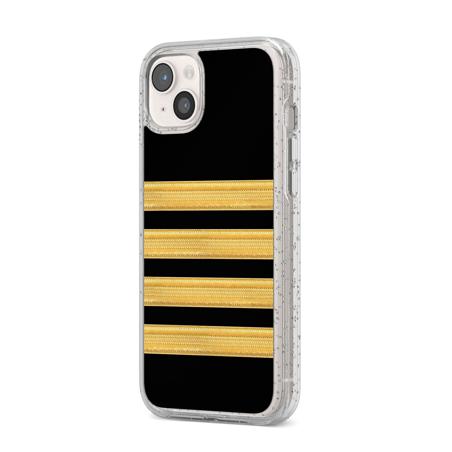 Black Gold Pilot Stripes iPhone 14 Plus Glitter Tough Case Starlight Angled Image