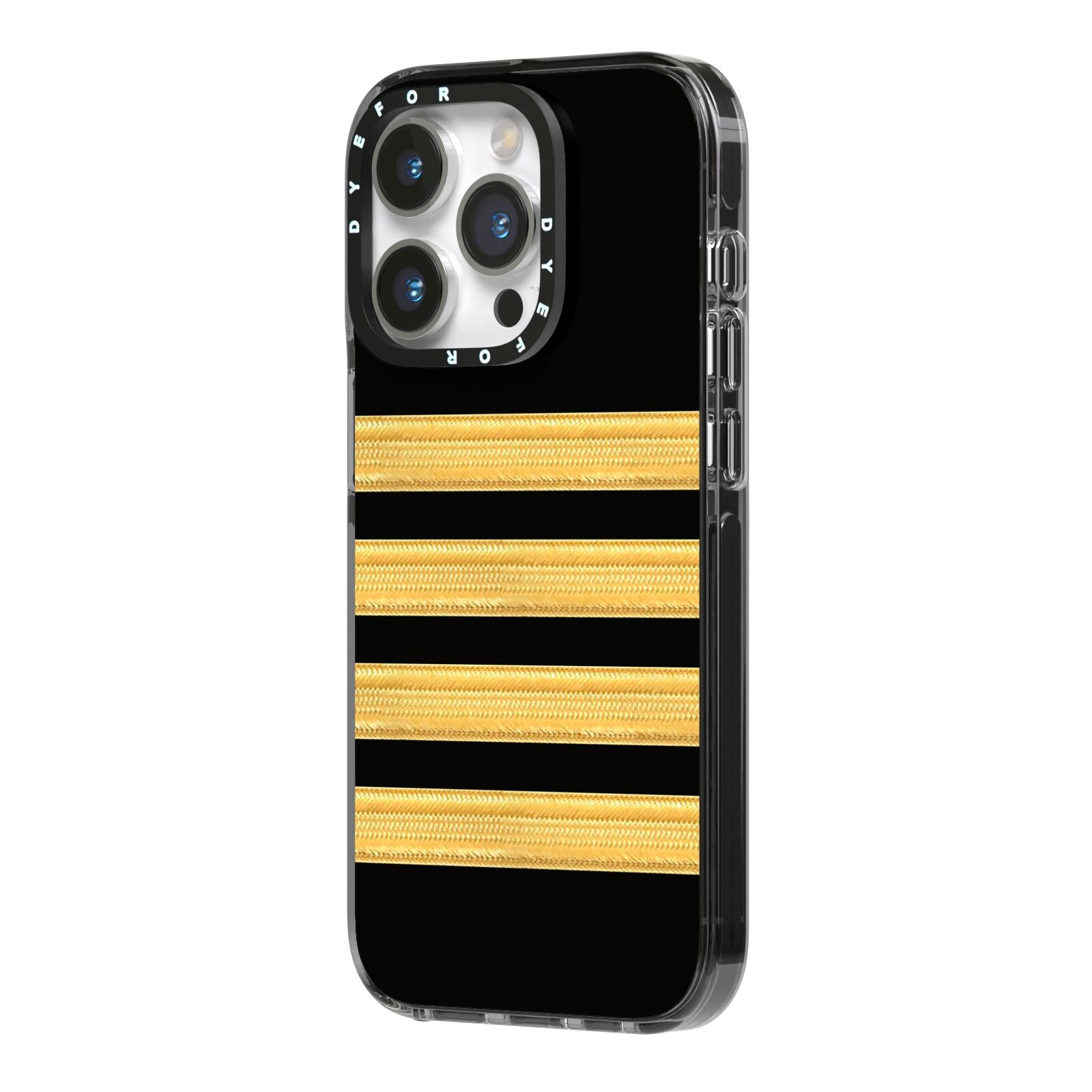 Black Gold Pilot Stripes iPhone 14 Pro Black Impact Case Side Angle on Silver phone