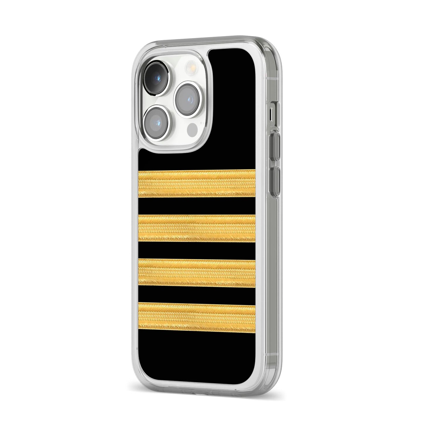 Black Gold Pilot Stripes iPhone 14 Pro Clear Tough Case Silver Angled Image