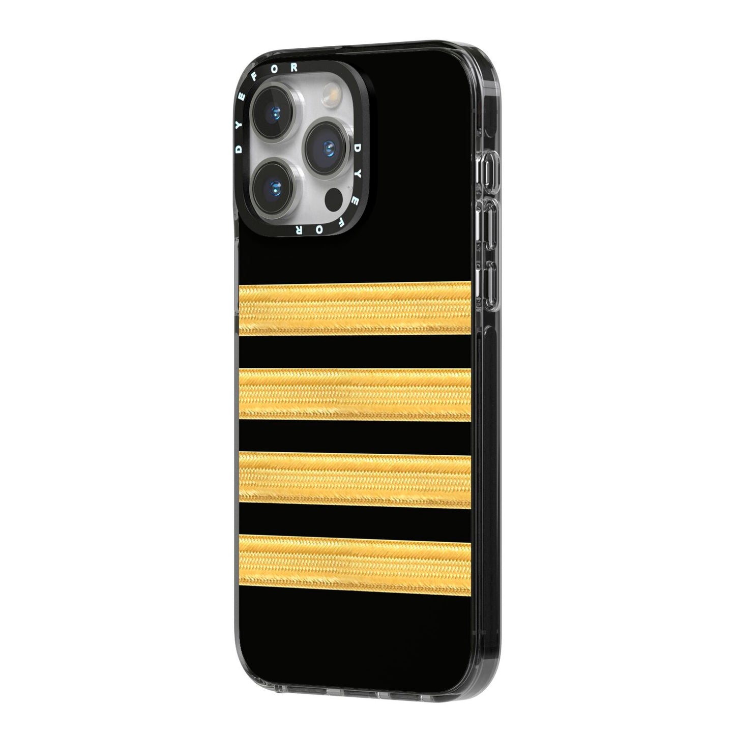 Black Gold Pilot Stripes iPhone 14 Pro Max Black Impact Case Side Angle on Silver phone