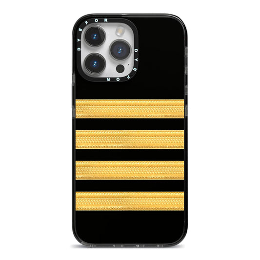 Black Gold Pilot Stripes iPhone 14 Pro Max Black Impact Case on Silver phone