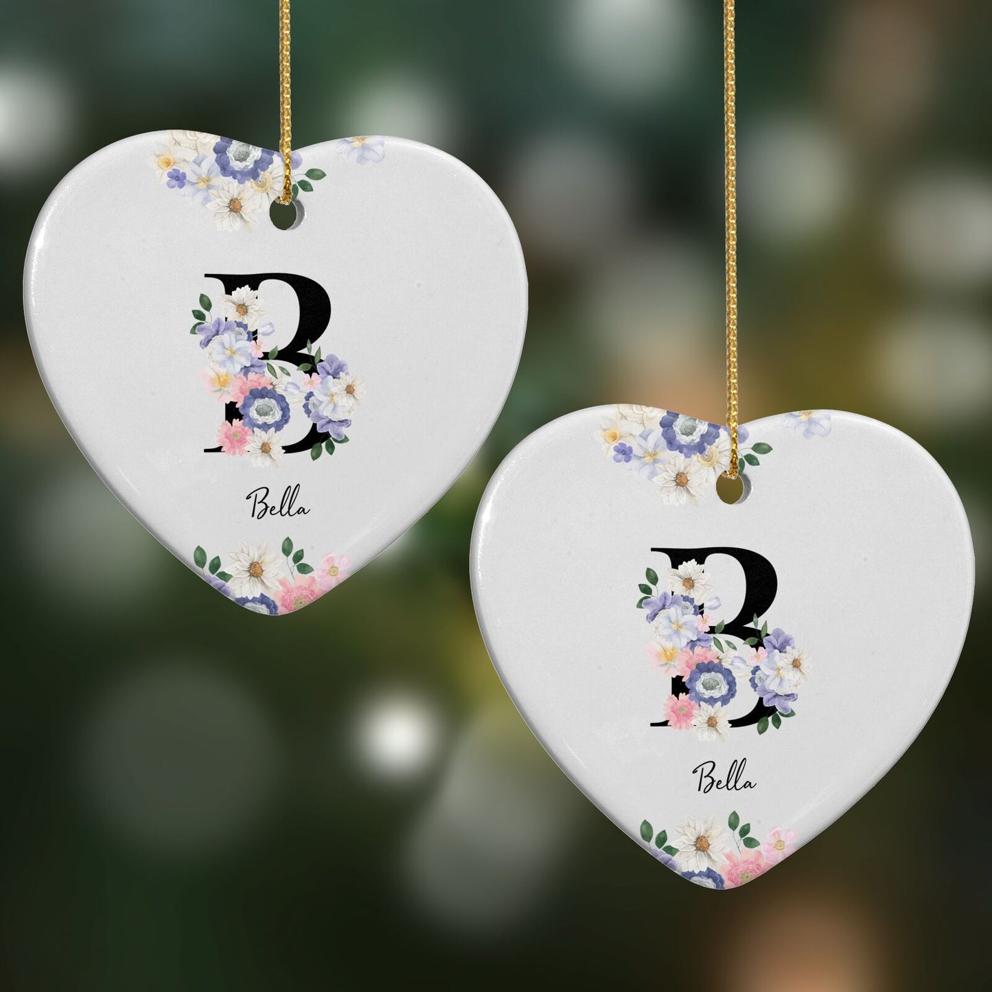 Black Initial Floral Heart Decoration on Christmas Background