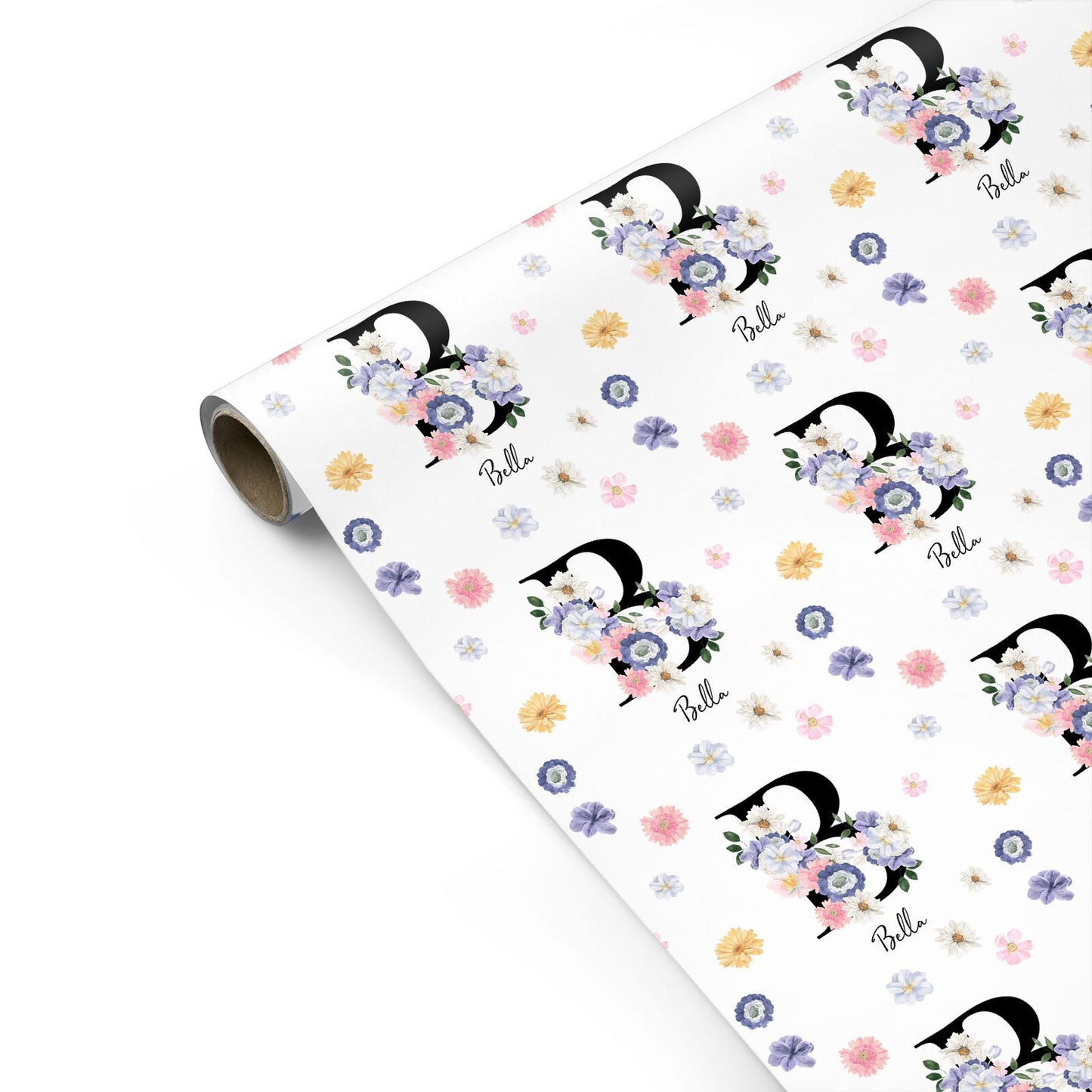 Black Initial Floral Personalised Gift Wrap
